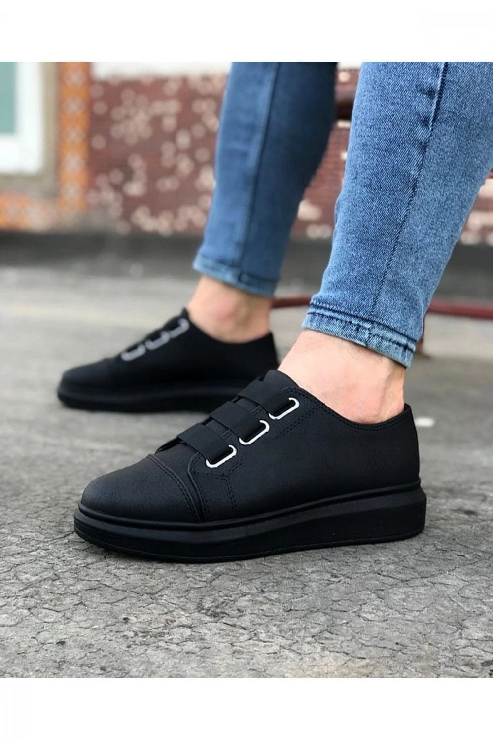 İtehe Cilt Erkek Bağcık Görünümlü Lastikli Günlük Sneaker Ayakkabı - Siyah