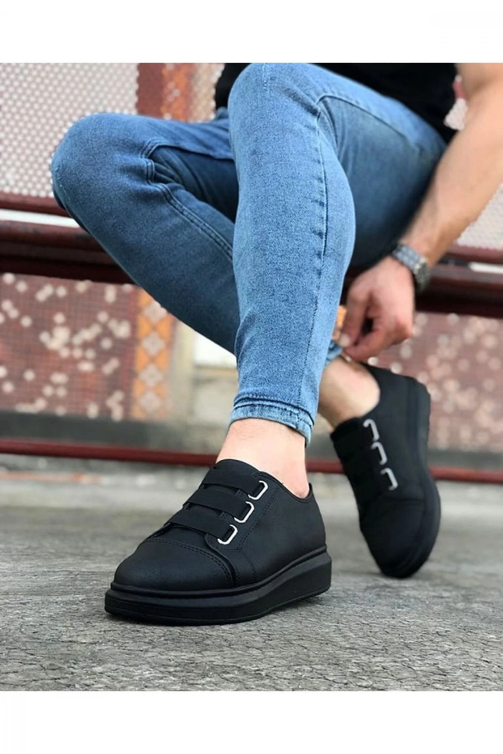 İtehe Cilt Erkek Bağcık Görünümlü Lastikli Günlük Sneaker Ayakkabı - Siyah