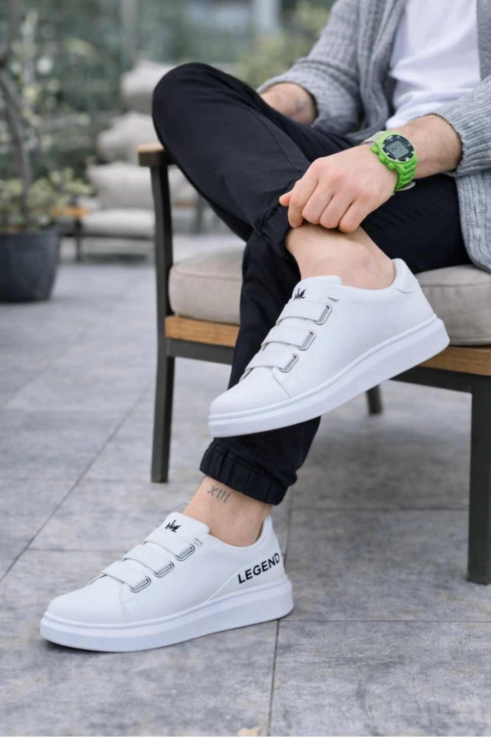 Egem Bağcıksız 3 Bantlı Lastikli Legend Cilt Erkek Günlük Sneaker Ayakkabı - Beyaz