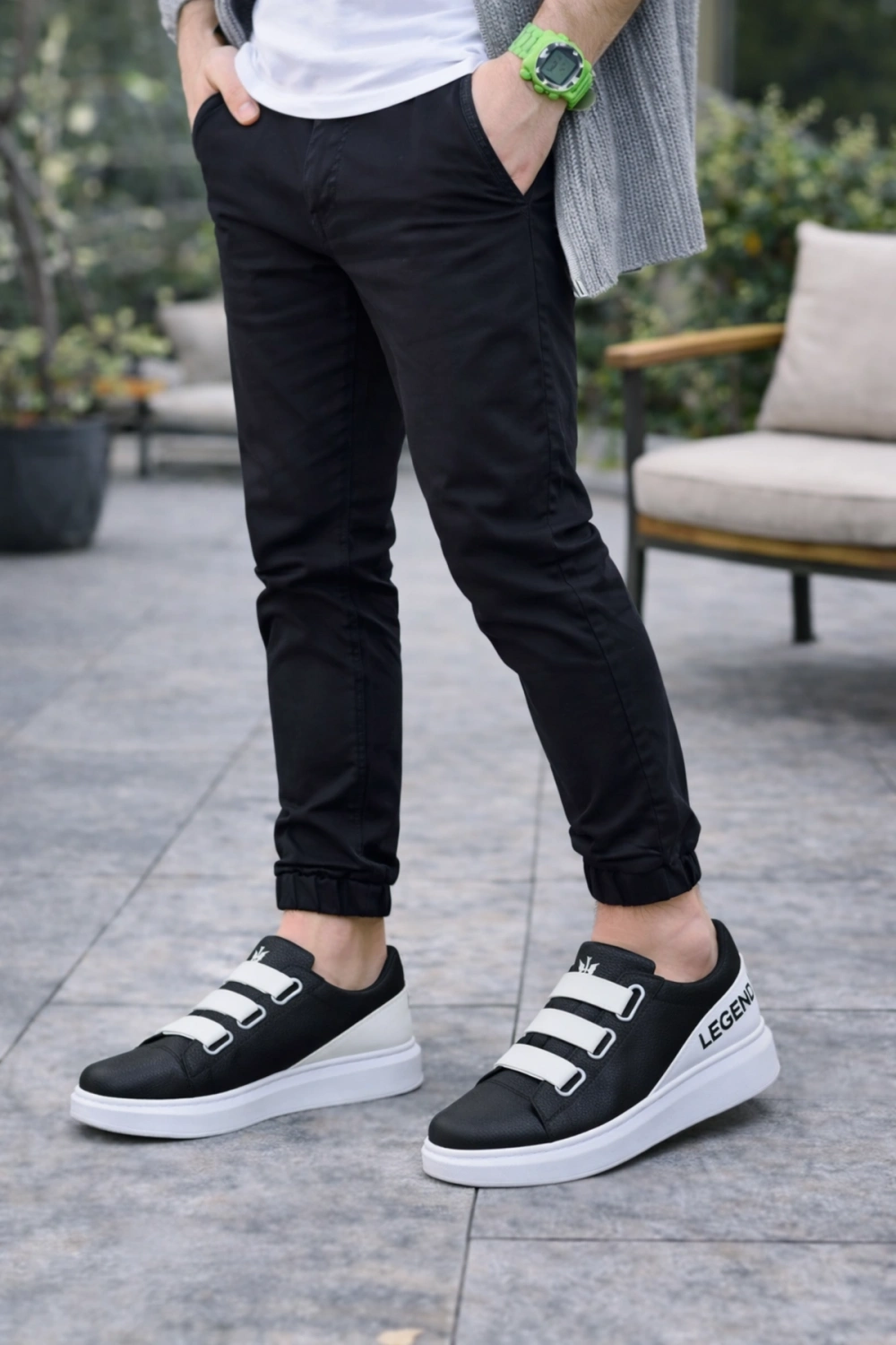 Mirox Erkek Bağcıksız 3 Bant Lastikli Günlük Sneaker Ayakkabı - Siyah Beyaz