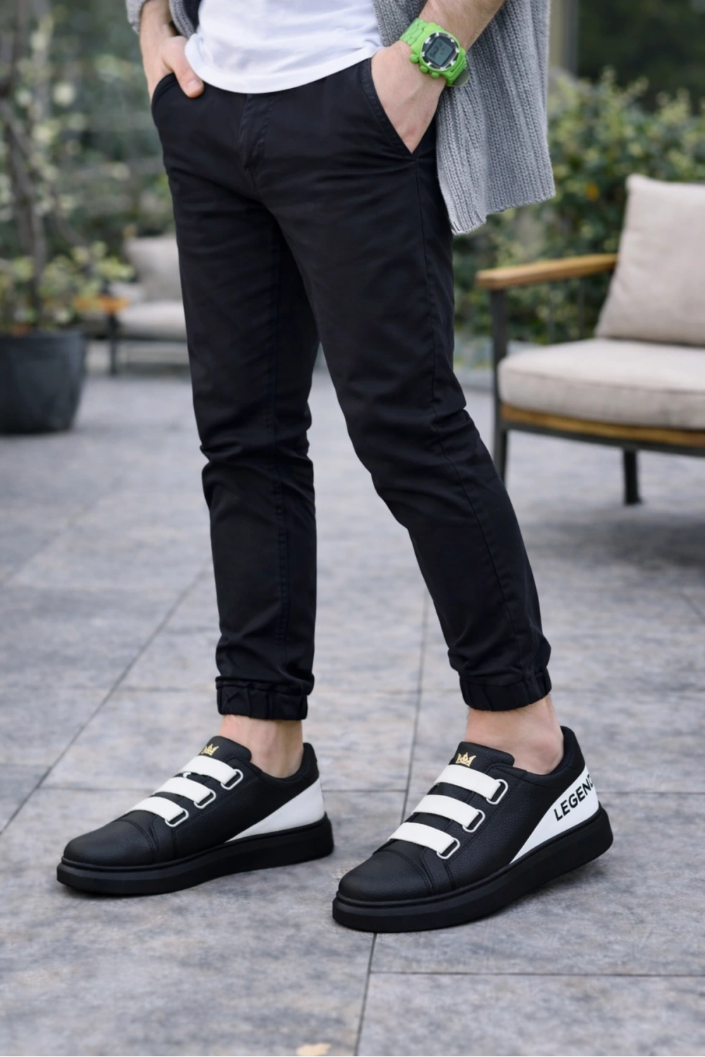 Mirox Erkek Bağcıksız 3 Bant Lastikli Günlük Sneaker Ayakkabı - Siyah Beyaz
