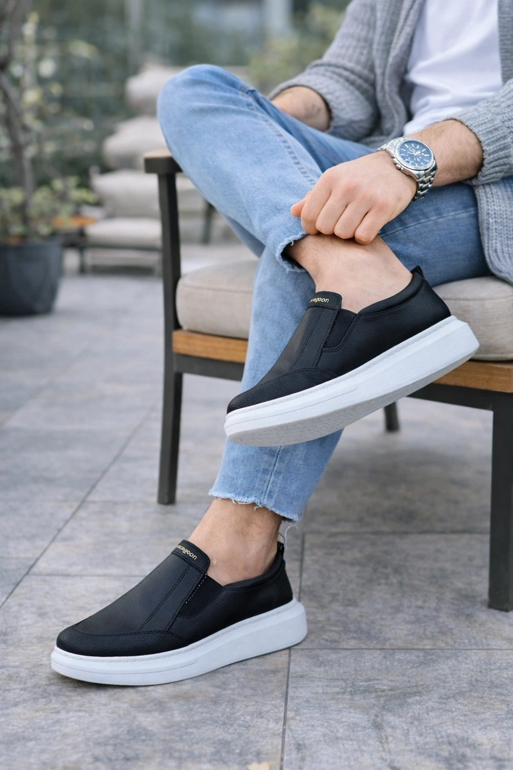 Eseenti Bağcıksız Erkek Günlük Cilt Spor Sneaker Ayakkabı - Siyah