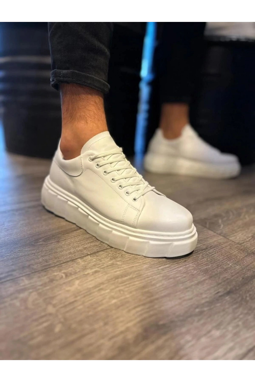ARES Bağcıklı Cilt Erkek Günlük Sneaker Yüksek Taban Ayakkabı - Beyaz