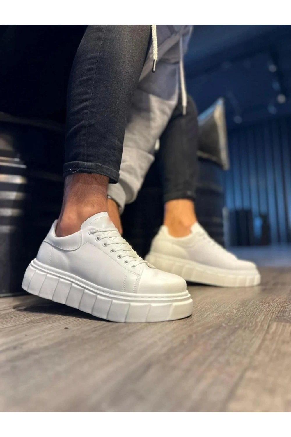 ARES Bağcıklı Cilt Erkek Günlük Sneaker Yüksek Taban Ayakkabı - Beyaz