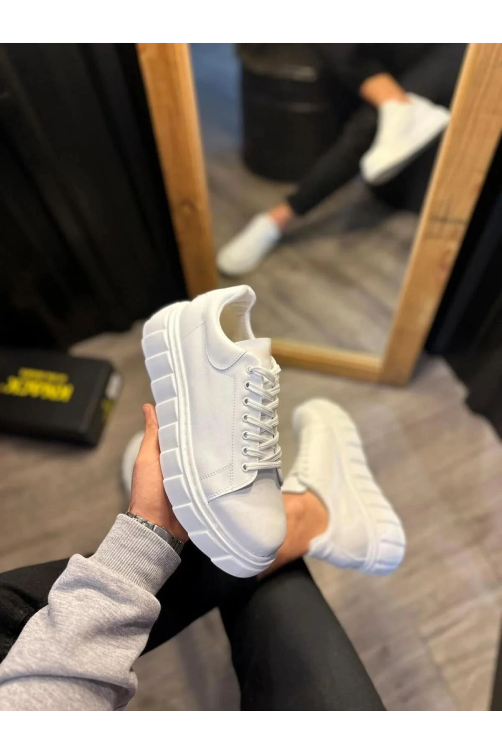 ARES Bağcıklı Cilt Erkek Günlük Sneaker Yüksek Taban Ayakkabı - Beyaz