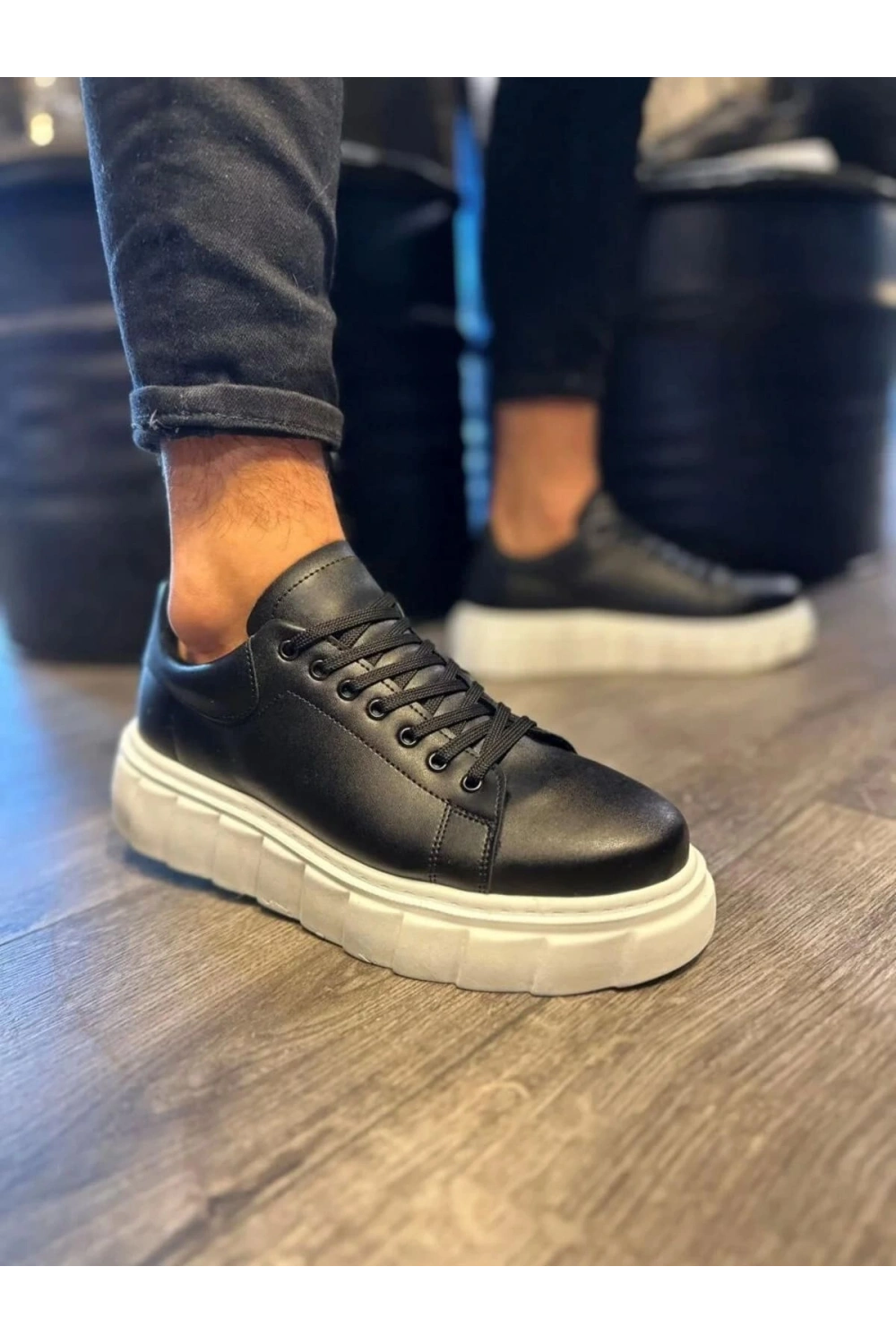 ARES Bağcıklı Cilt Erkek Günlük Sneaker Yüksek Taban Ayakkabı - Siyah Beyaz