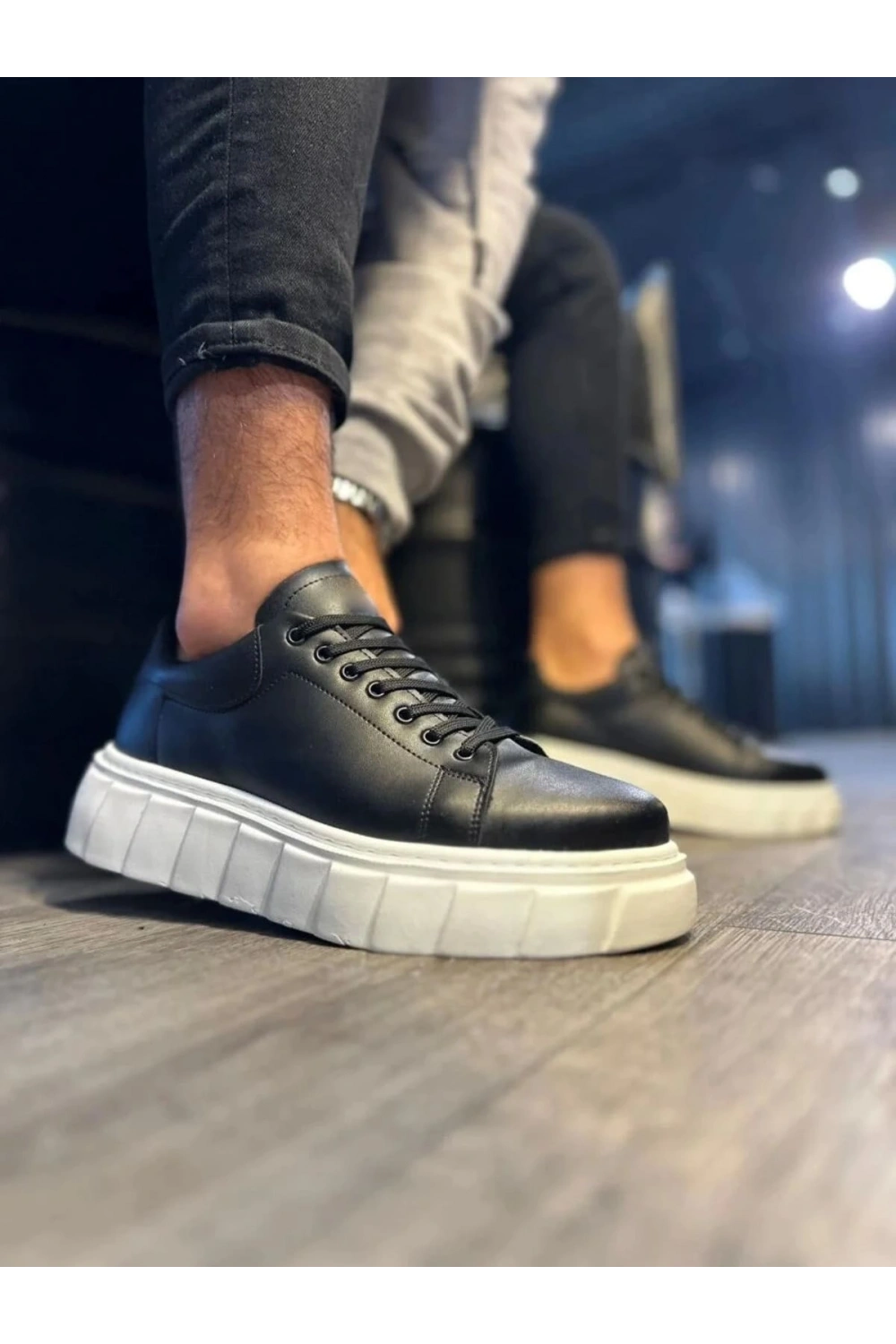 ARES Bağcıklı Cilt Erkek Günlük Sneaker Yüksek Taban Ayakkabı - Siyah Beyaz