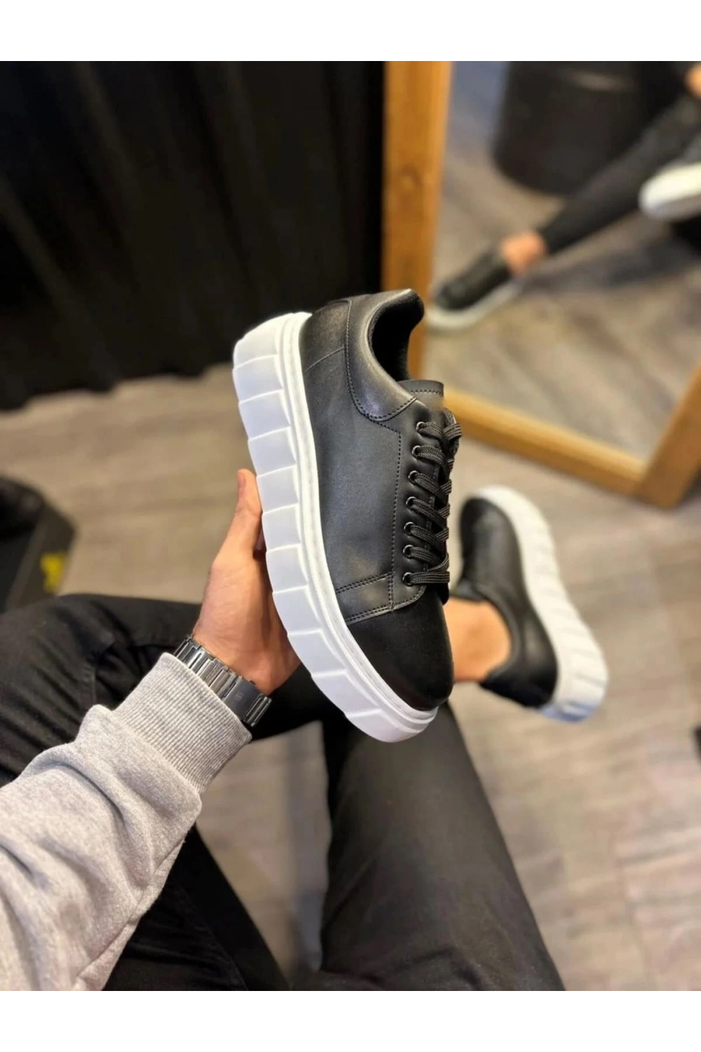 ARES Bağcıklı Cilt Erkek Günlük Sneaker Yüksek Taban Ayakkabı - Siyah Beyaz