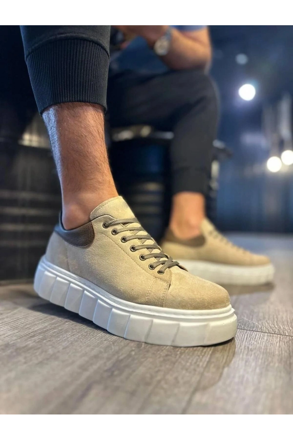 ARES Bağcıklı Süet Erkek Günlük Sneaker Yüksek Taban Ayakkabı - Krem