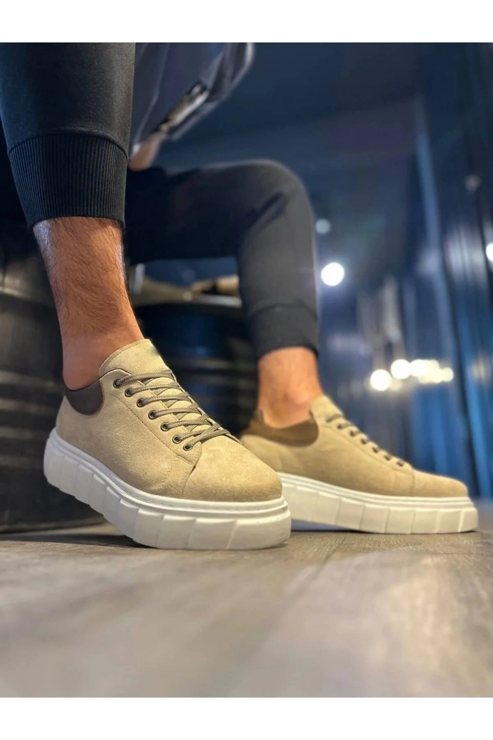 ARES Bağcıklı Süet Erkek Günlük Sneaker Yüksek Taban Ayakkabı - Krem