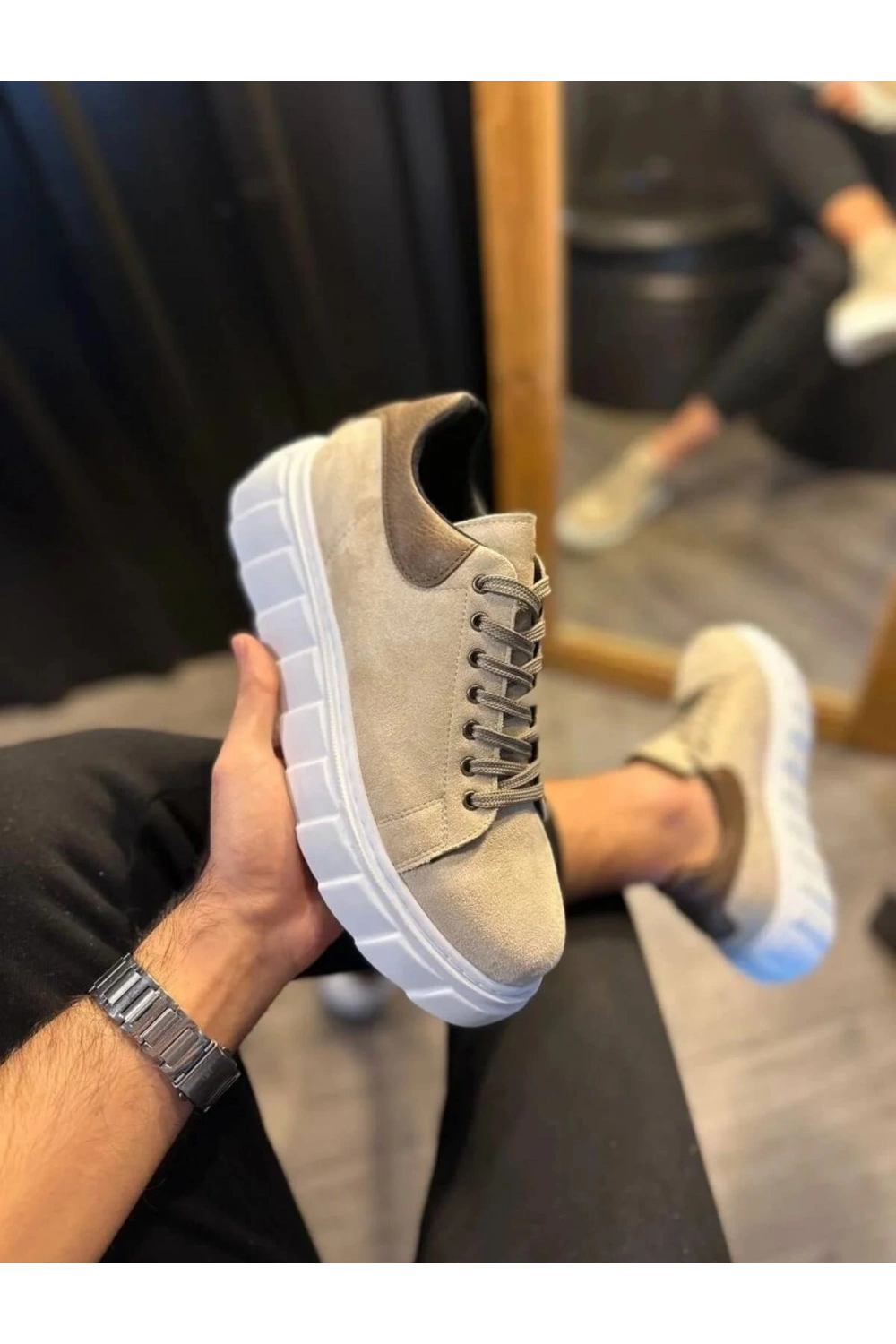 ARES Bağcıklı Süet Erkek Günlük Sneaker Yüksek Taban Ayakkabı - Krem