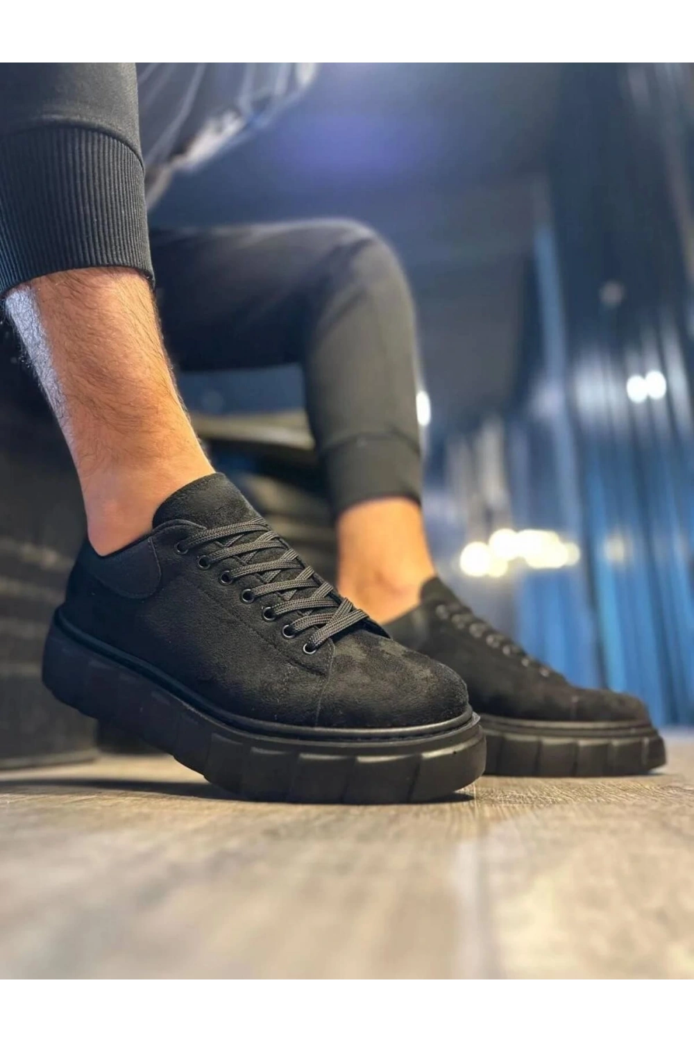 ARES Bağcıklı Süet Erkek Günlük Sneaker Yüksek Taban Ayakkabı - Siyah