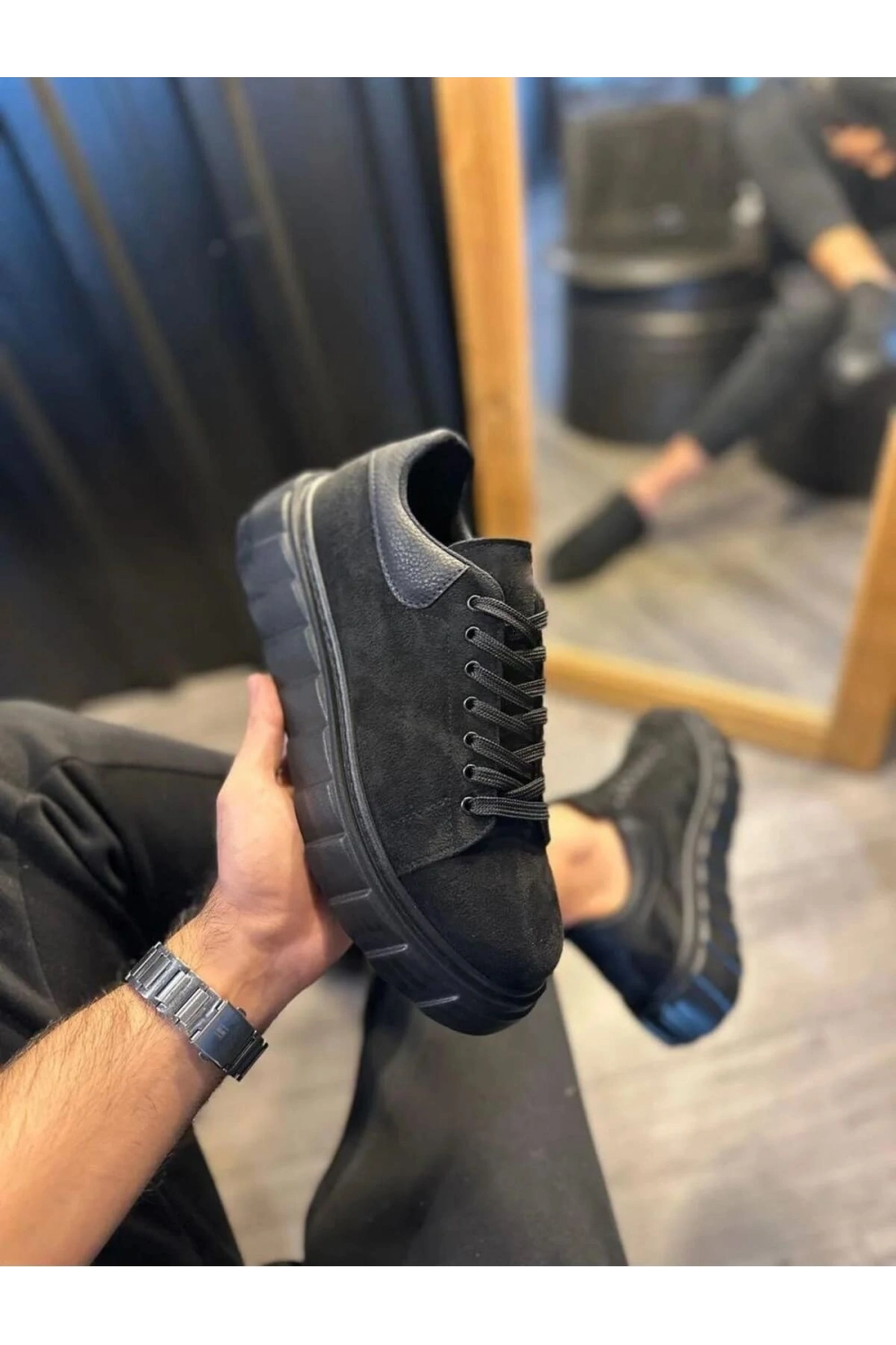 ARES Bağcıklı Süet Erkek Günlük Sneaker Yüksek Taban Ayakkabı - Siyah