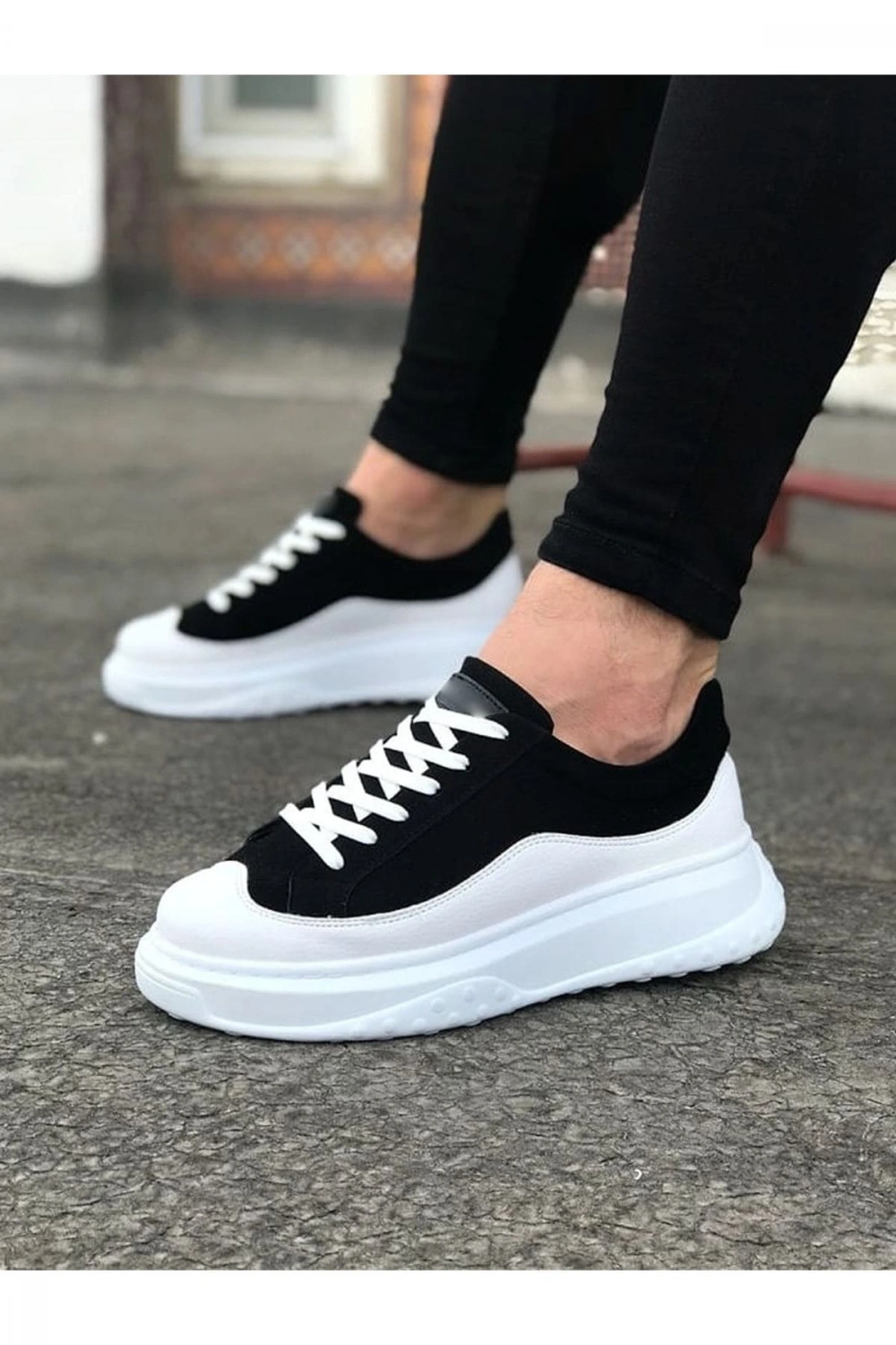 Rovero Erkek Bağcıklı Cilt Günlük Sneaker Ayakkabı – Siyah Beyaz
