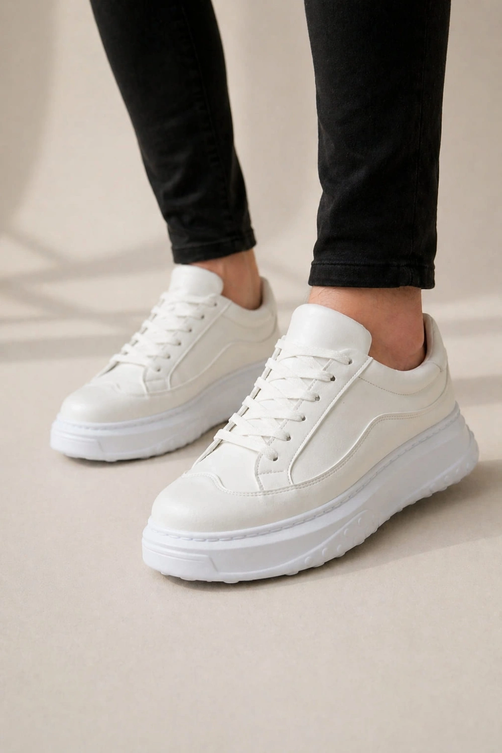 Ventoy Erkek Bağcıklı Cilt Günlük Sneaker Ayakkabı – Beyaz