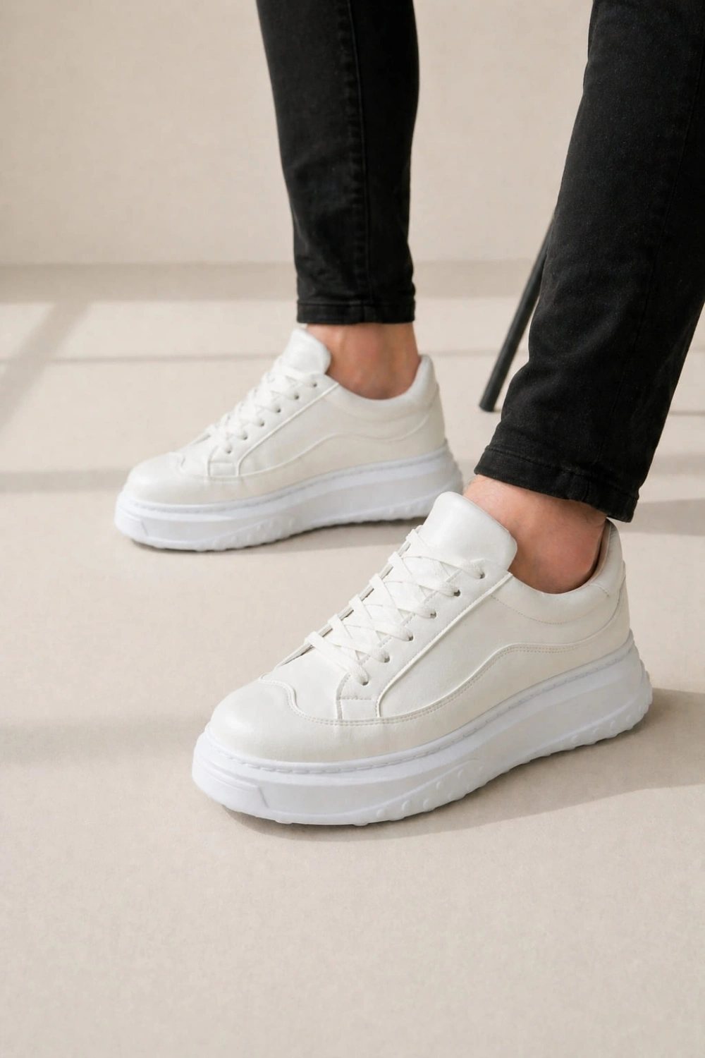 Ventoy Erkek Bağcıklı Cilt Günlük Sneaker Ayakkabı – Beyaz