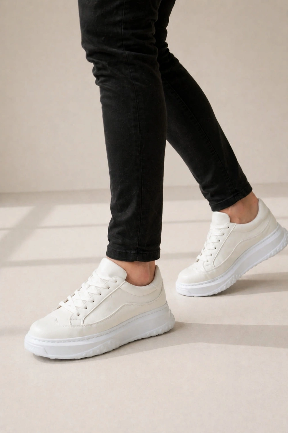 Ventoy Erkek Bağcıklı Cilt Günlük Sneaker Ayakkabı – Beyaz