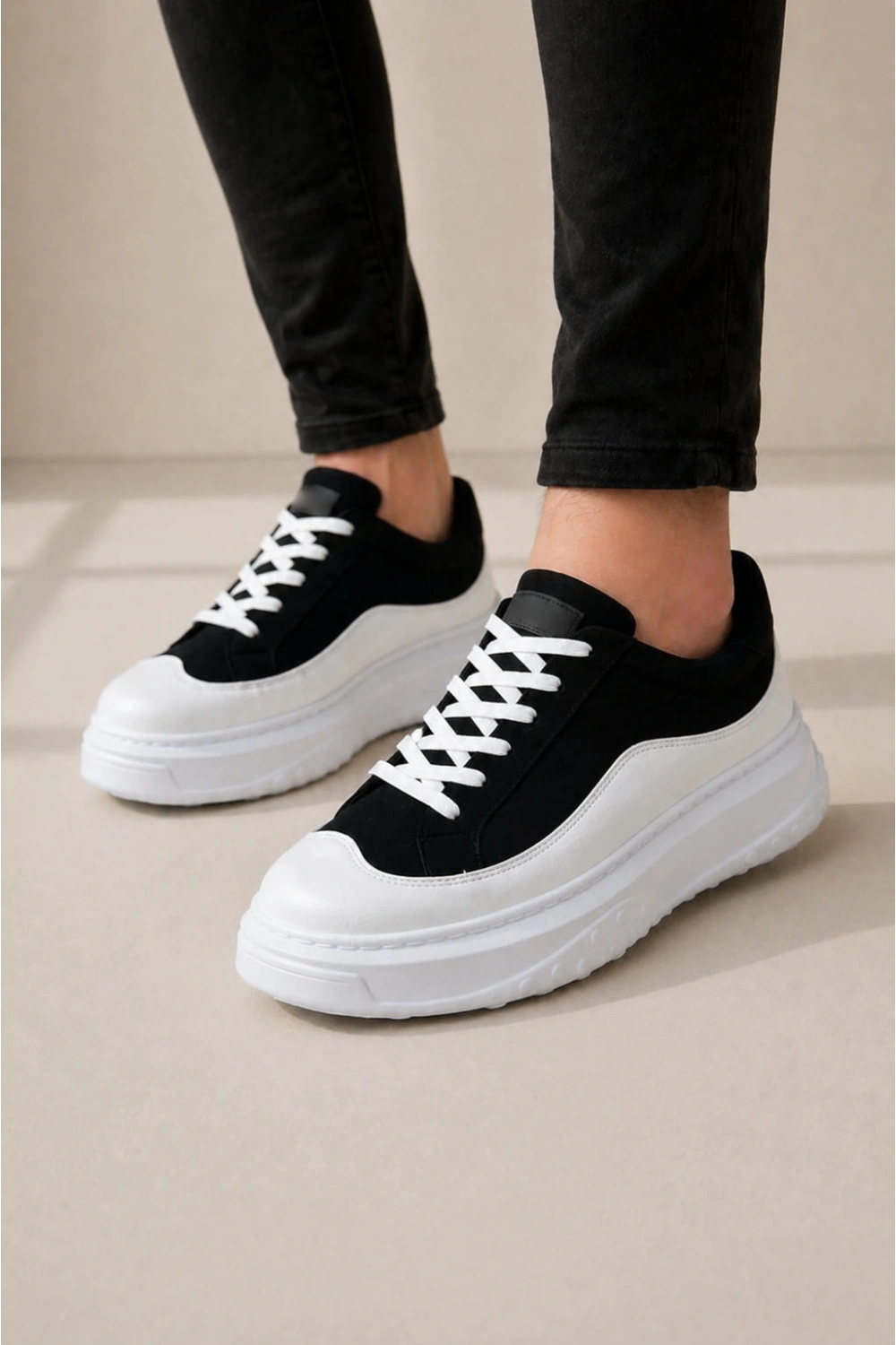 Ventoy Erkek Bağcıklı Cilt Günlük Sneaker Ayakkabı – Siyah Beyaz