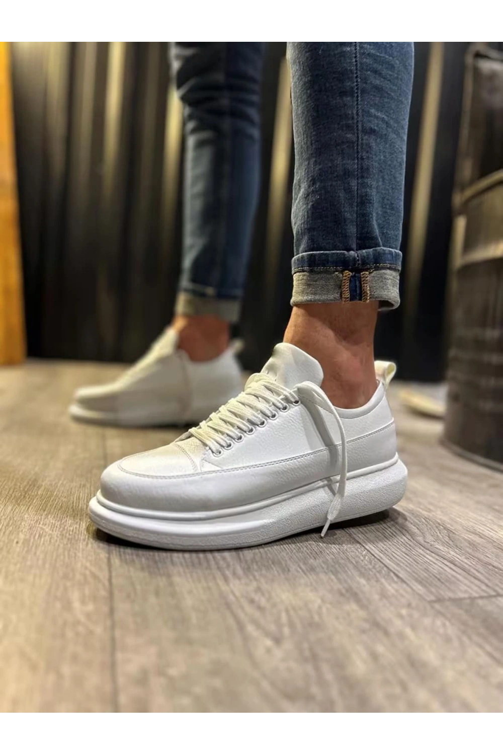 Meverk Cilt Erkek Sneaker Ayakkabı – Kalın Taban Günlük Beyaz