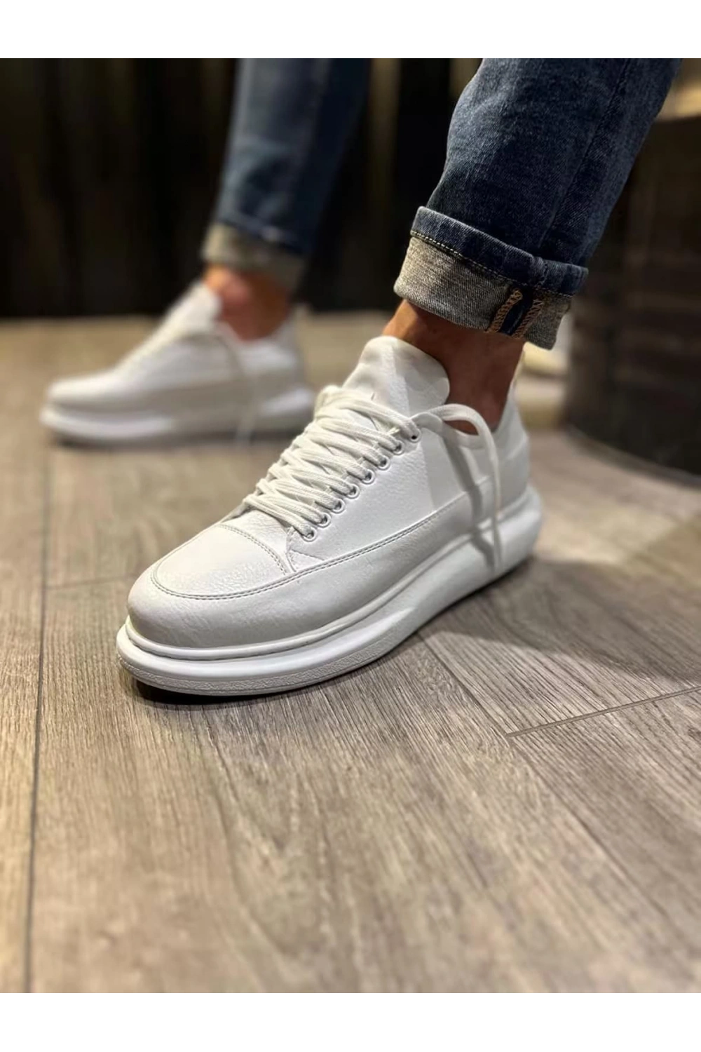 Meverk Cilt Erkek Sneaker Ayakkabı – Kalın Taban Günlük Beyaz