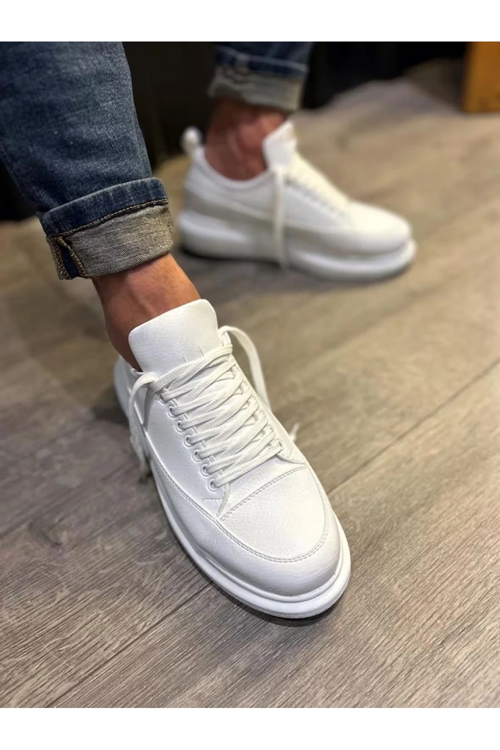 Meverk Cilt Erkek Sneaker Ayakkabı – Kalın Taban Günlük Beyaz