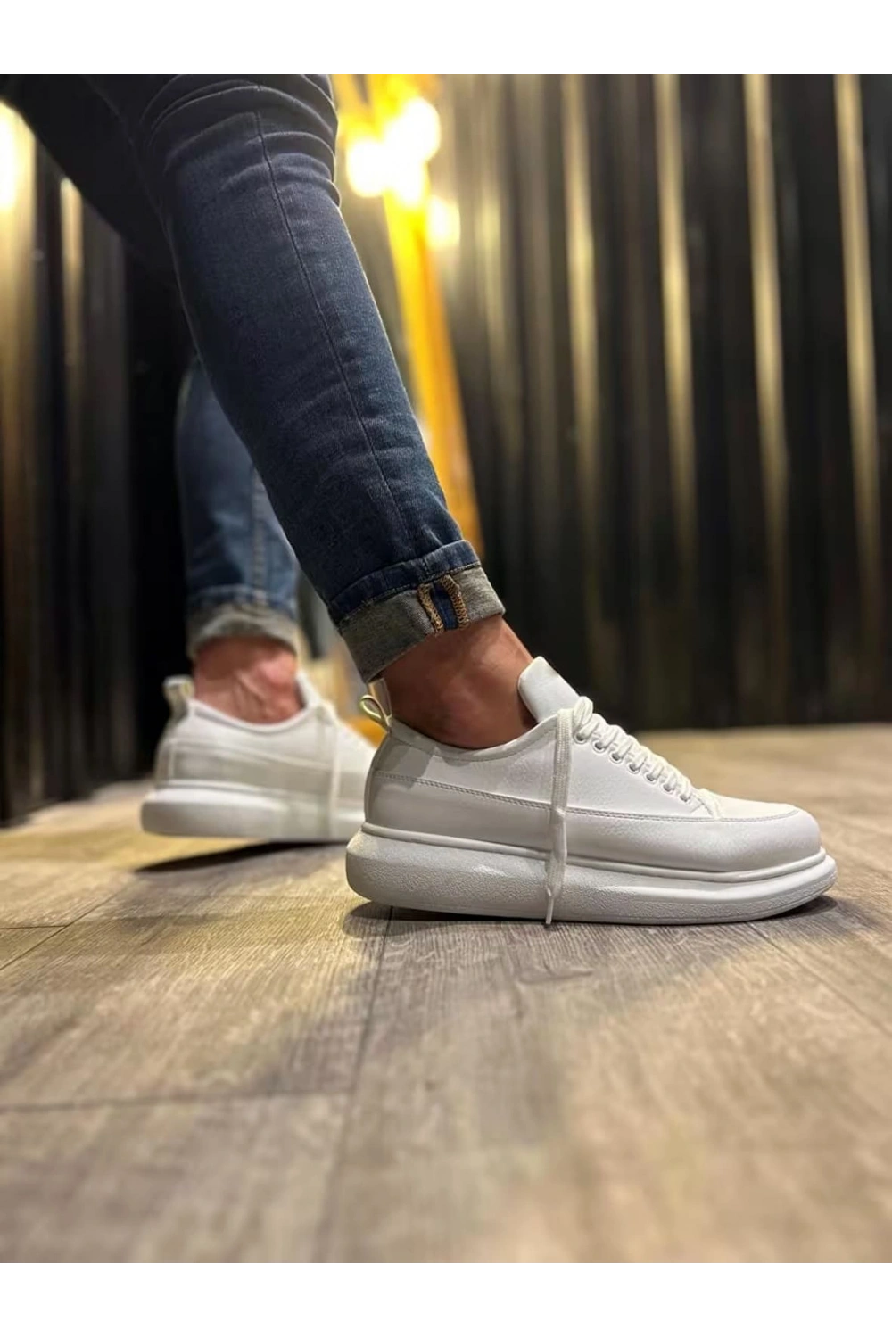 Meverk Cilt Erkek Sneaker Ayakkabı – Kalın Taban Günlük Beyaz