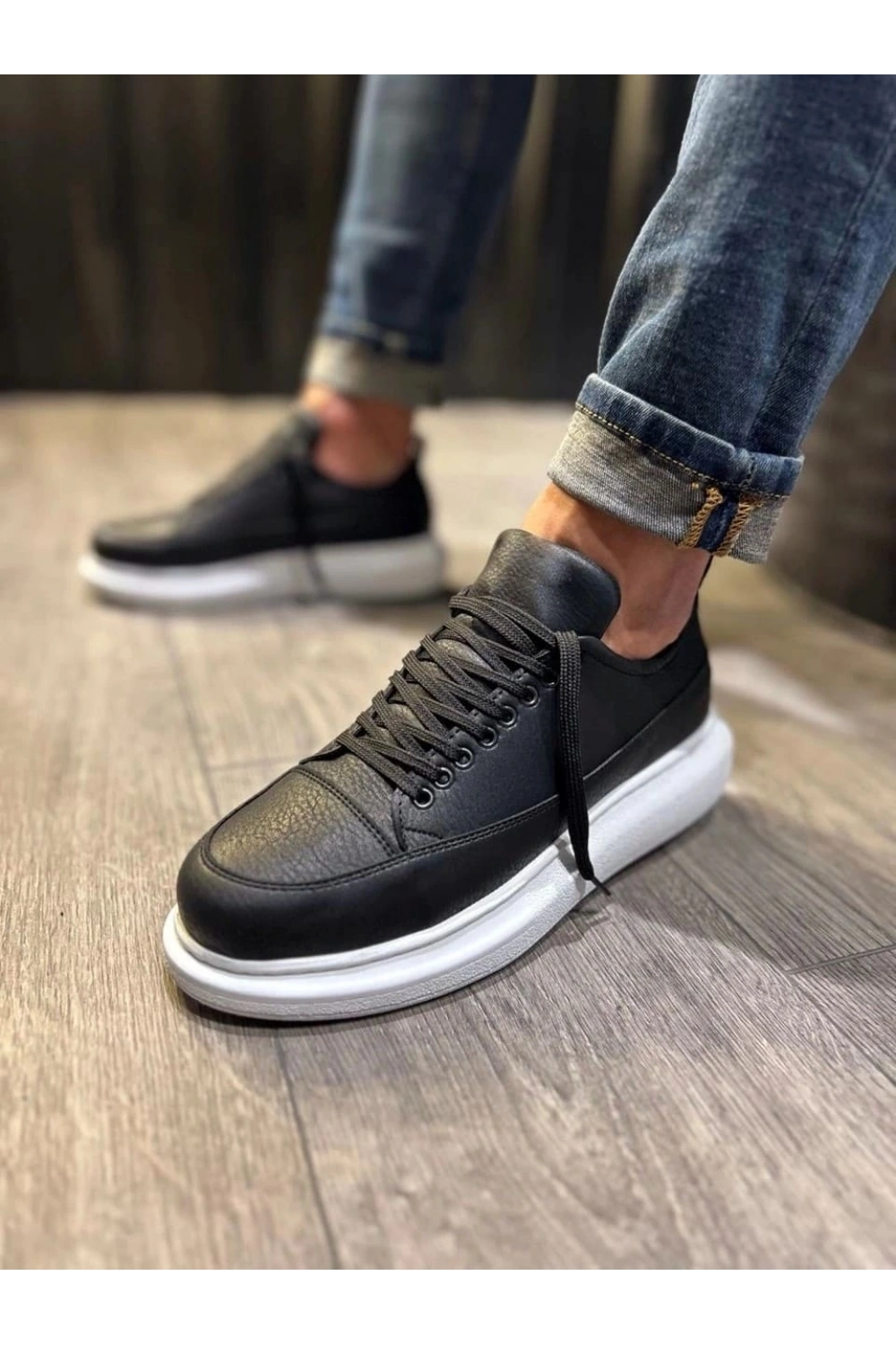 Meverk Cilt Erkek Sneaker Ayakkabı – Kalın Taban Günlük Siyah