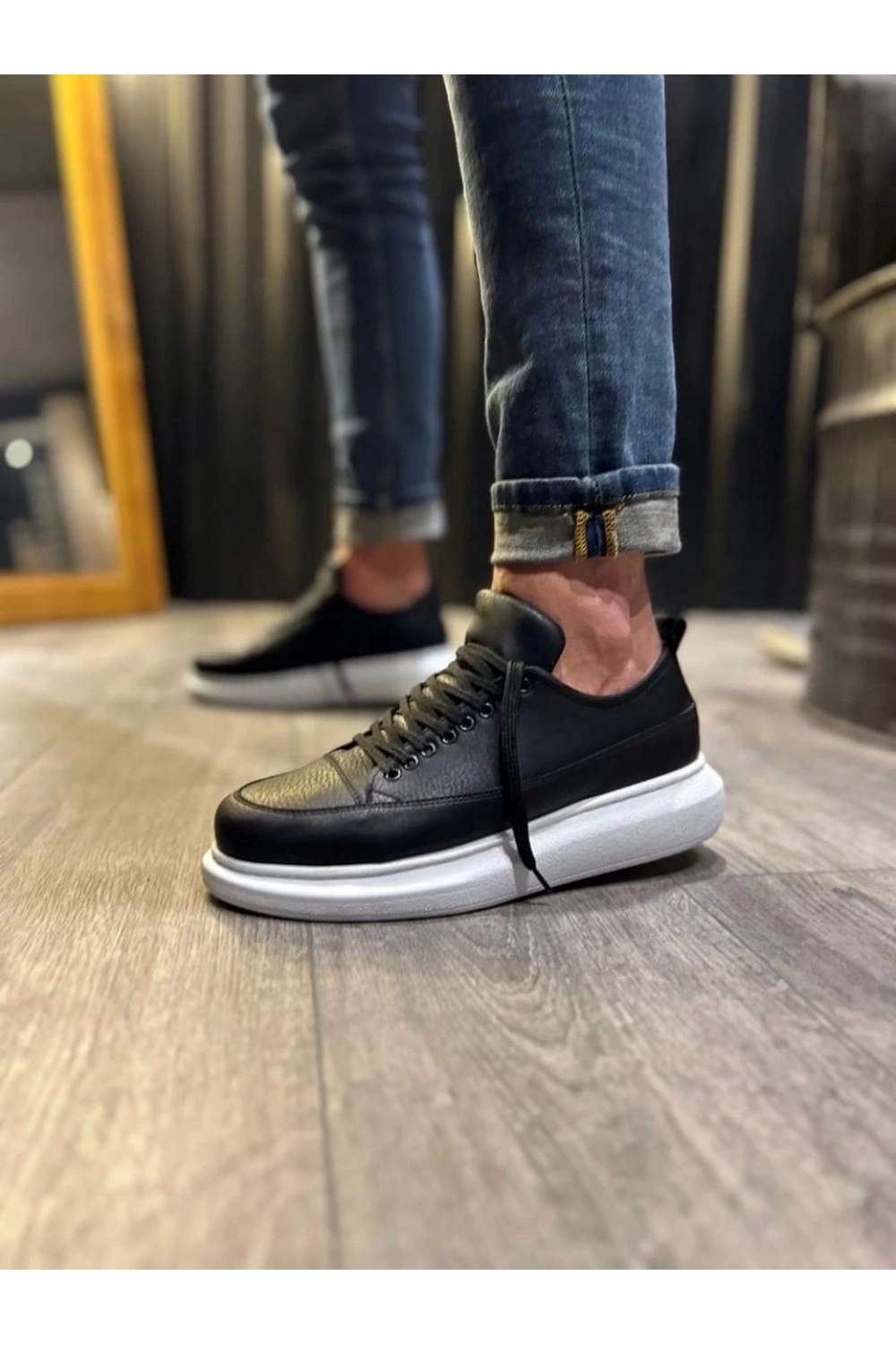 Meverk Cilt Erkek Sneaker Ayakkabı – Kalın Taban Günlük Siyah