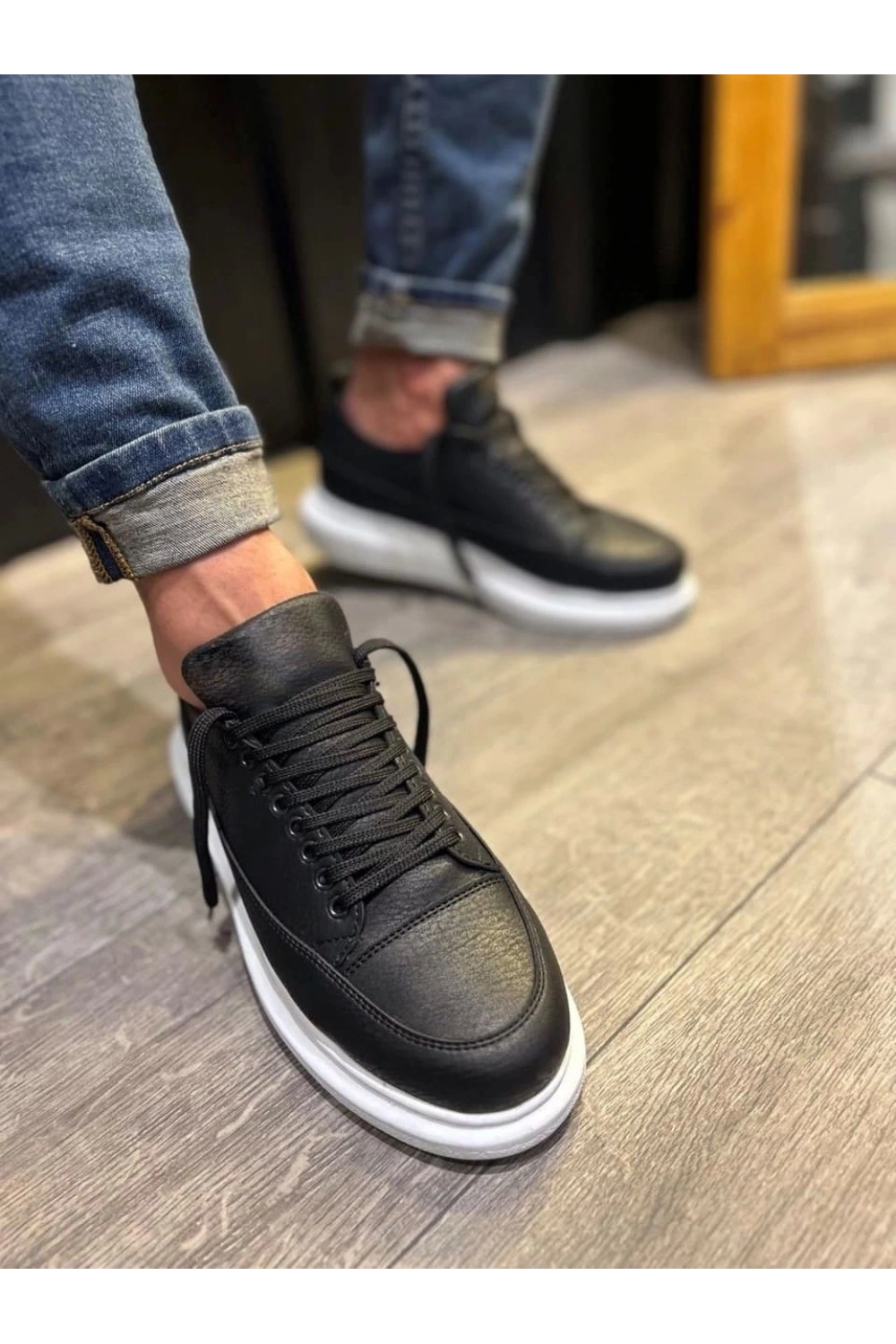 Meverk Cilt Erkek Sneaker Ayakkabı – Kalın Taban Günlük Siyah