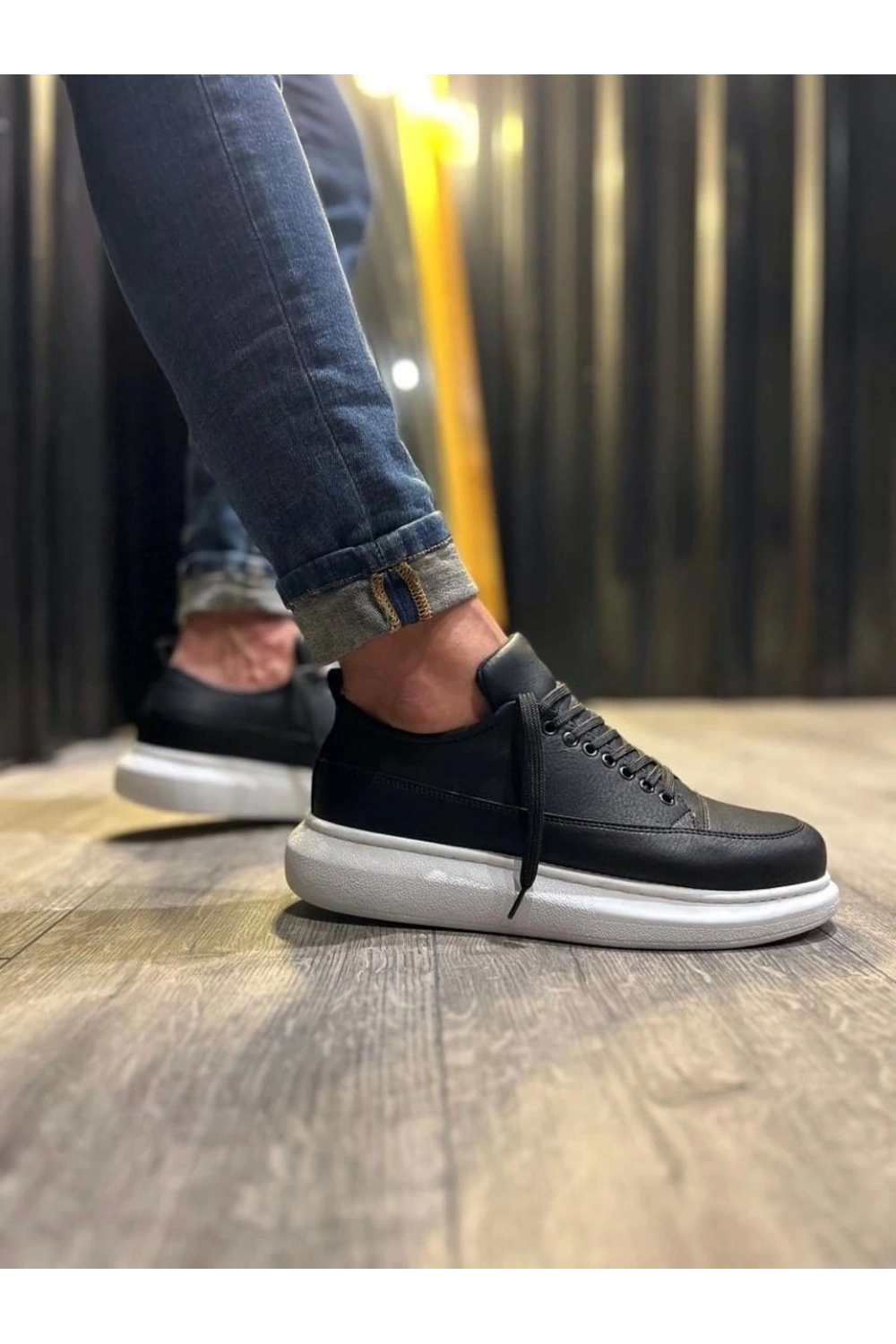 Meverk Cilt Erkek Sneaker Ayakkabı – Kalın Taban Günlük Siyah