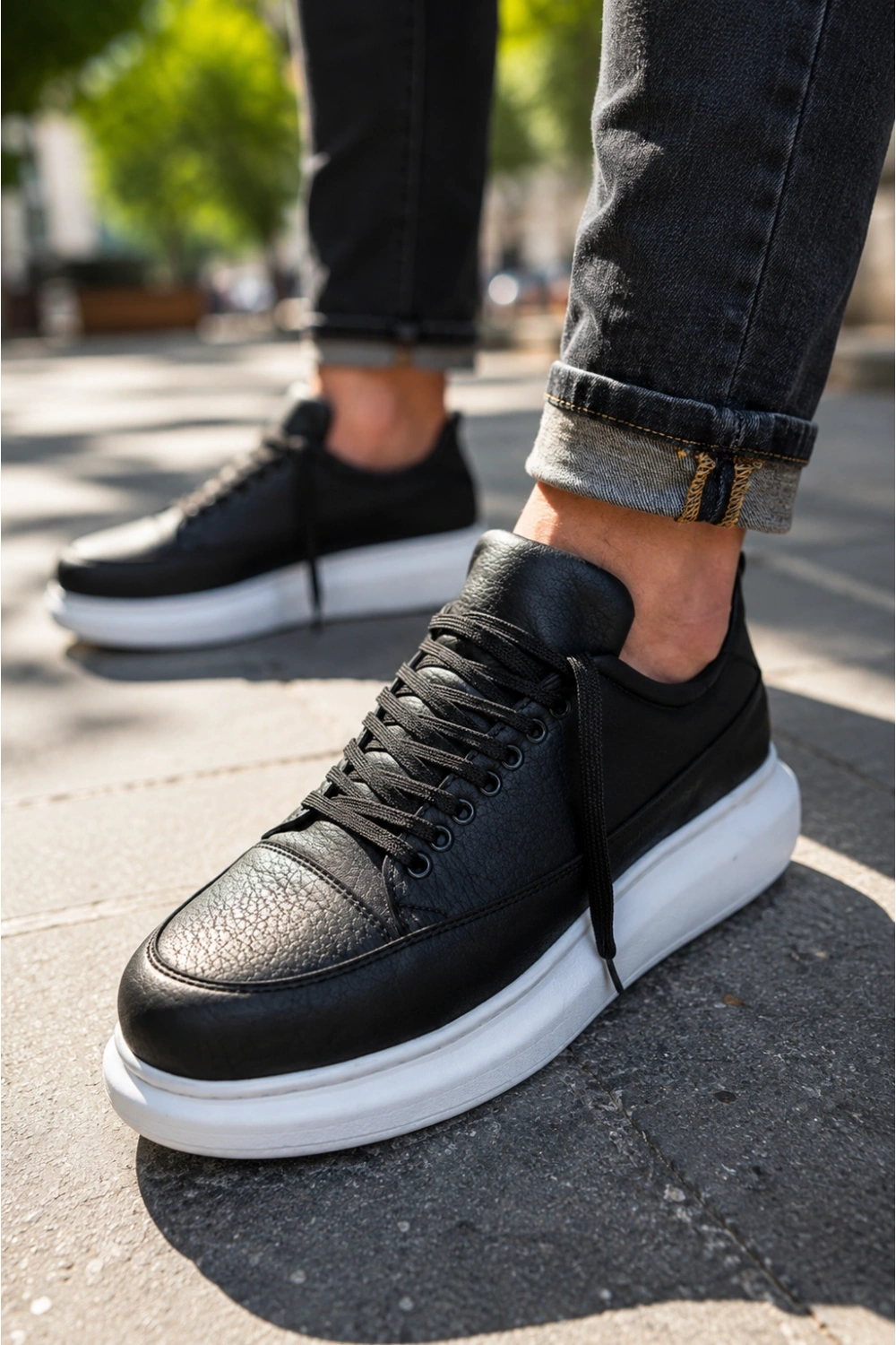 Meverk Cilt Erkek Sneaker Ayakkabı – Kalın Taban Günlük Siyah