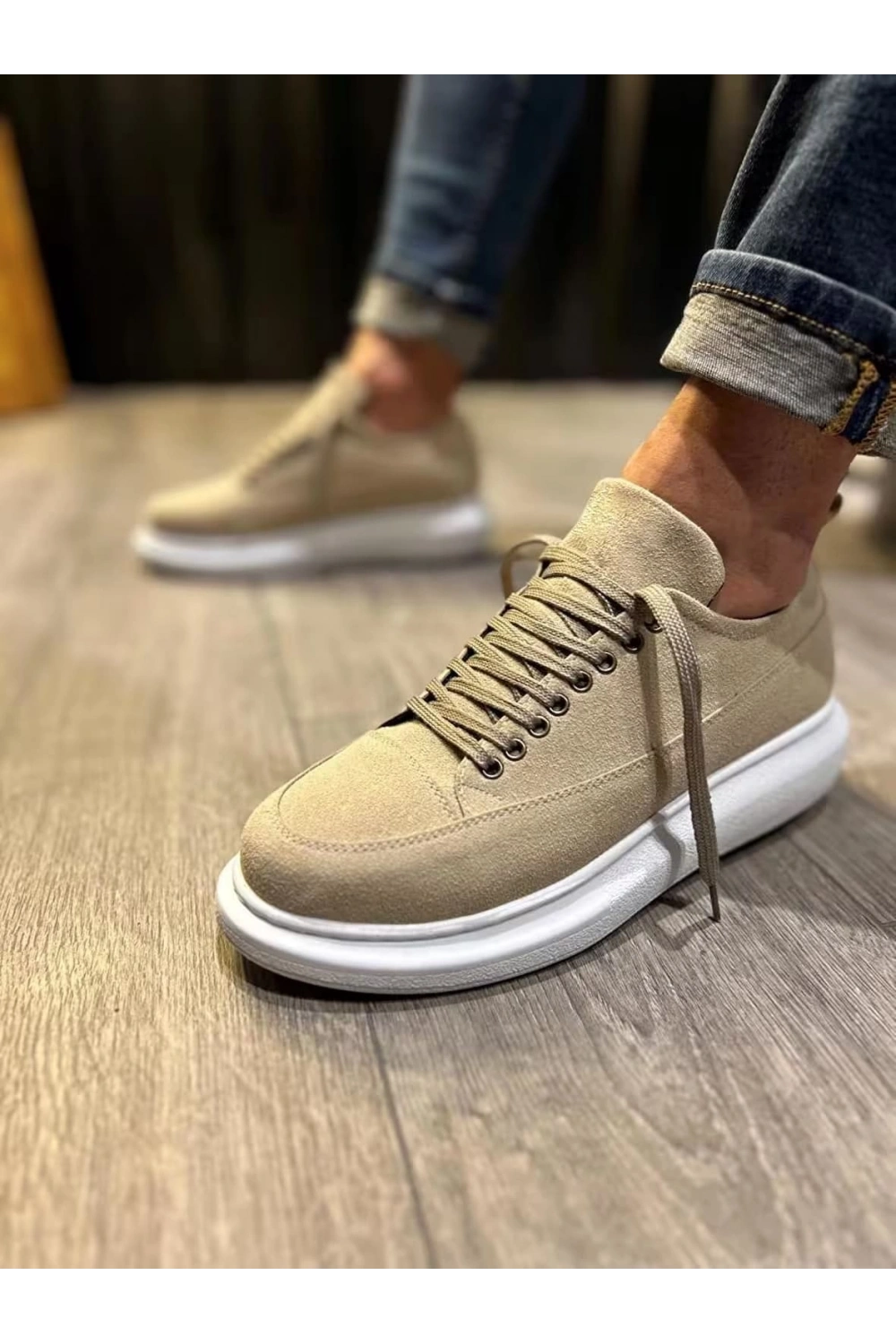 Meverk Süet Erkek Sneaker Ayakkabı – Kalın Taban Günlük Krem