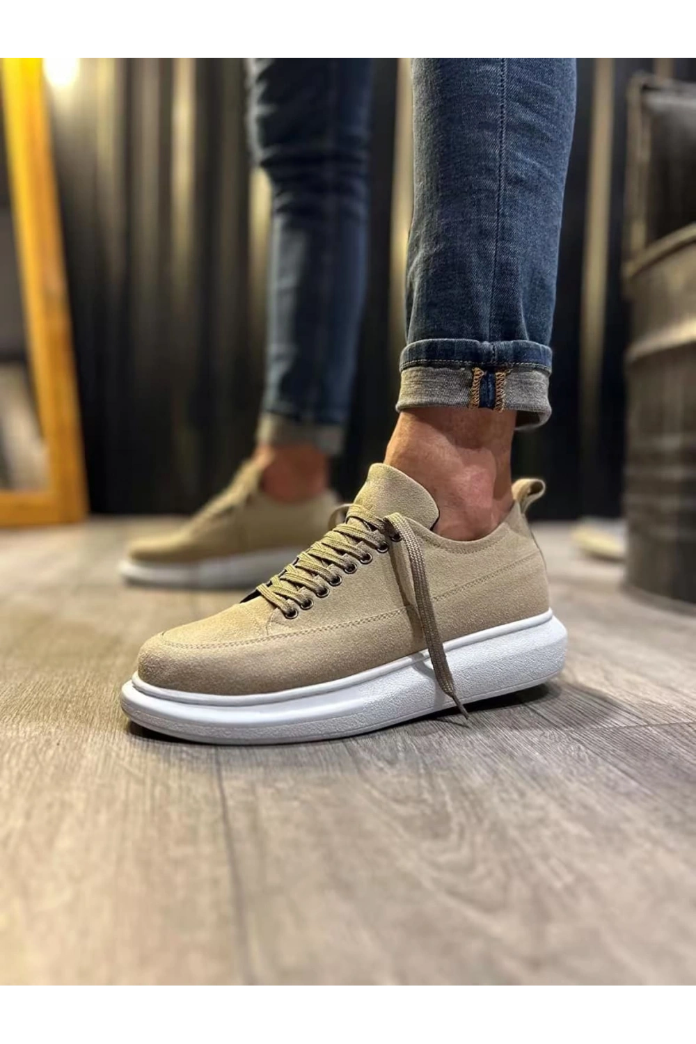 Meverk Süet Erkek Sneaker Ayakkabı – Kalın Taban Günlük Krem
