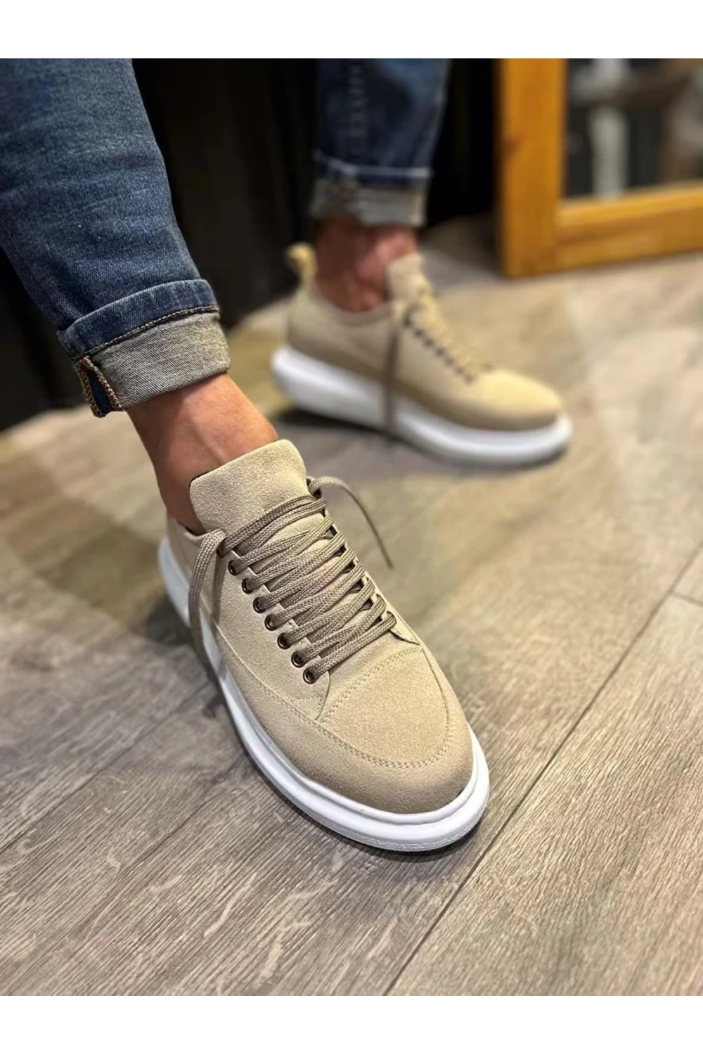 Meverk Süet Erkek Sneaker Ayakkabı – Kalın Taban Günlük Krem