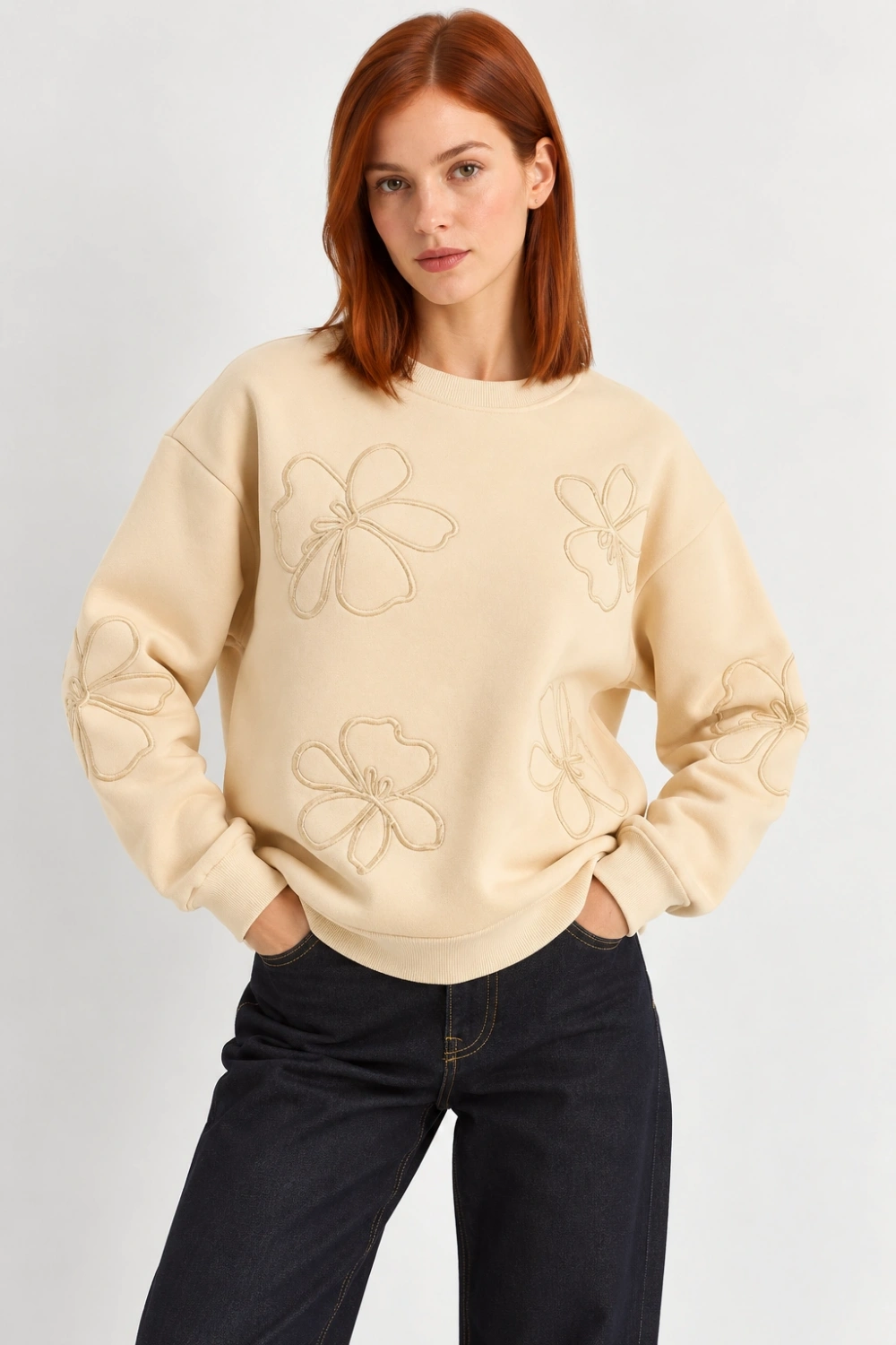 Kadın Çiçek Motifli Şardonlu Üç İplik Oversize Sweatshirt - Bej