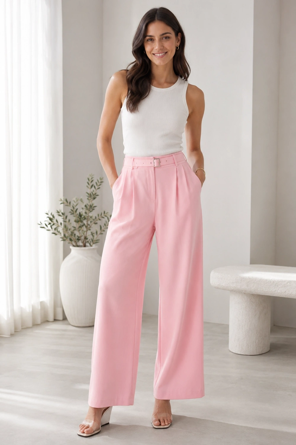 Kadın Çift Pile Detaylı Kemerli Örme Pantolon - Pembe