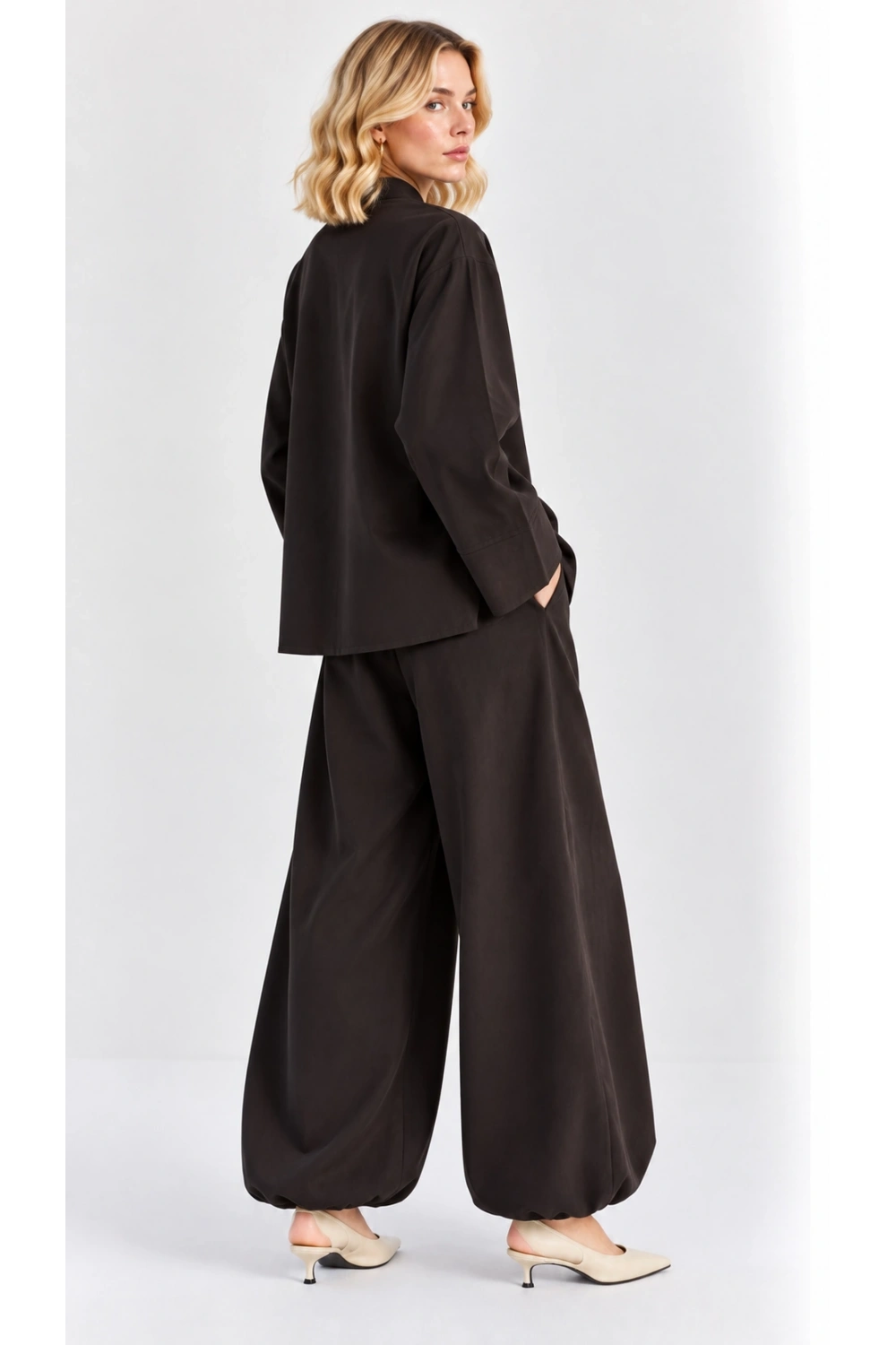 Kadın Çin Düğme Detaylı Oversize Tunik Bluz ve Lastik Paça Takım - Acı Kahve