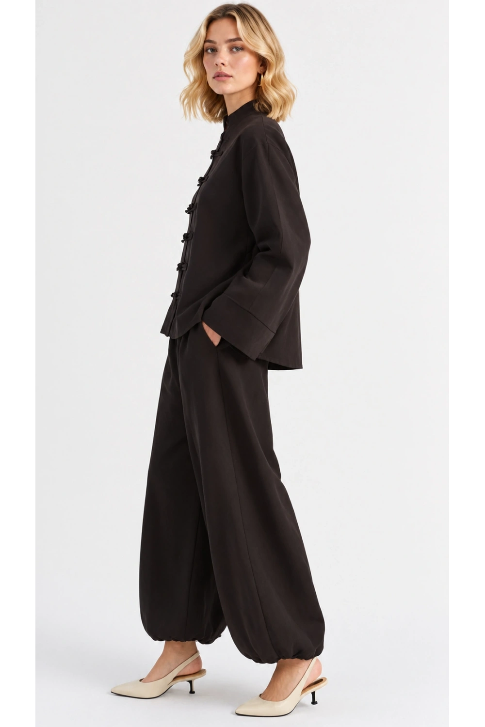 Kadın Çin Düğme Detaylı Oversize Tunik Bluz ve Lastik Paça Takım - Acı Kahve