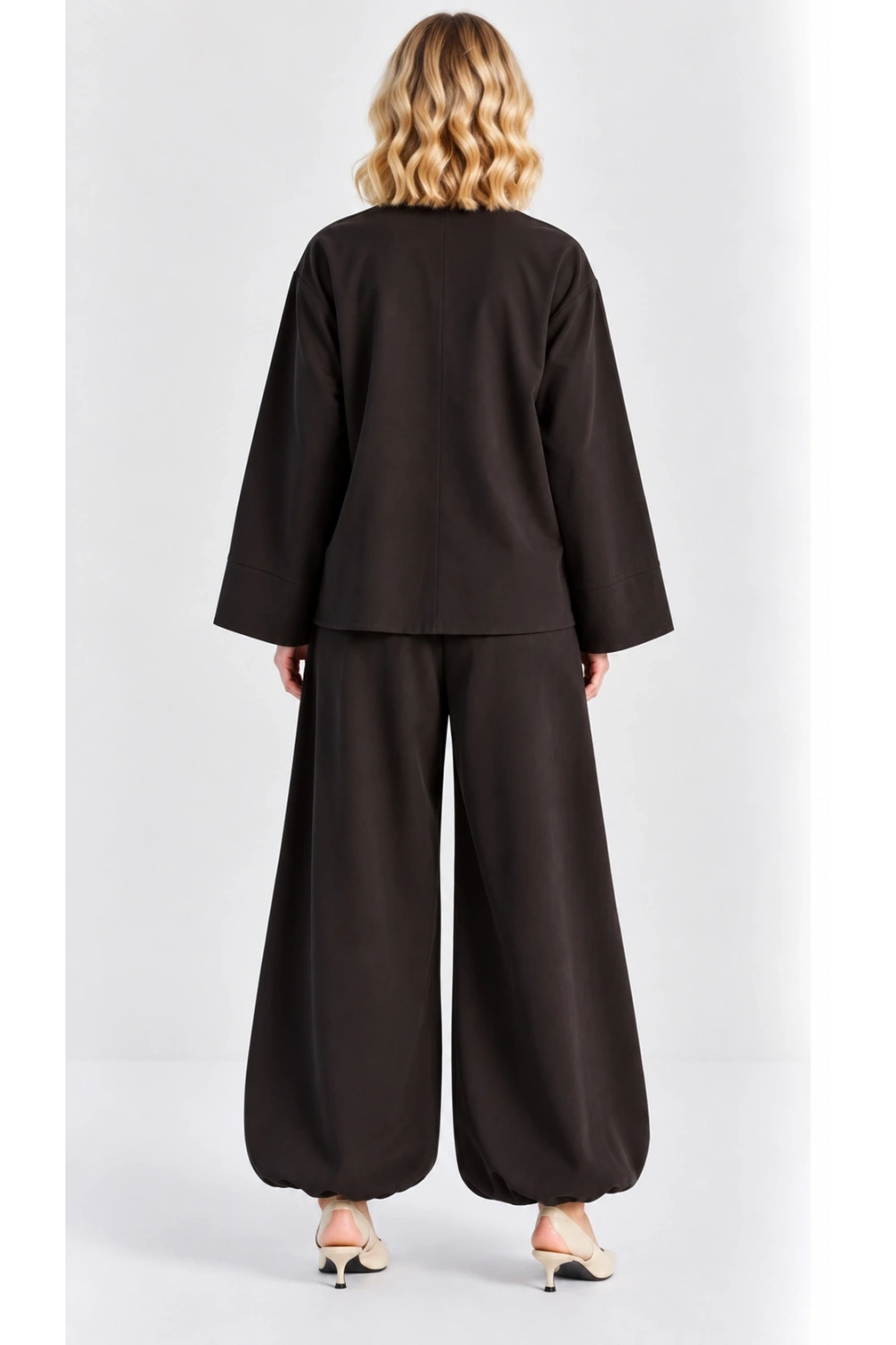 Kadın Çin Düğme Detaylı Oversize Tunik Bluz ve Lastik Paça Takım - Acı Kahve