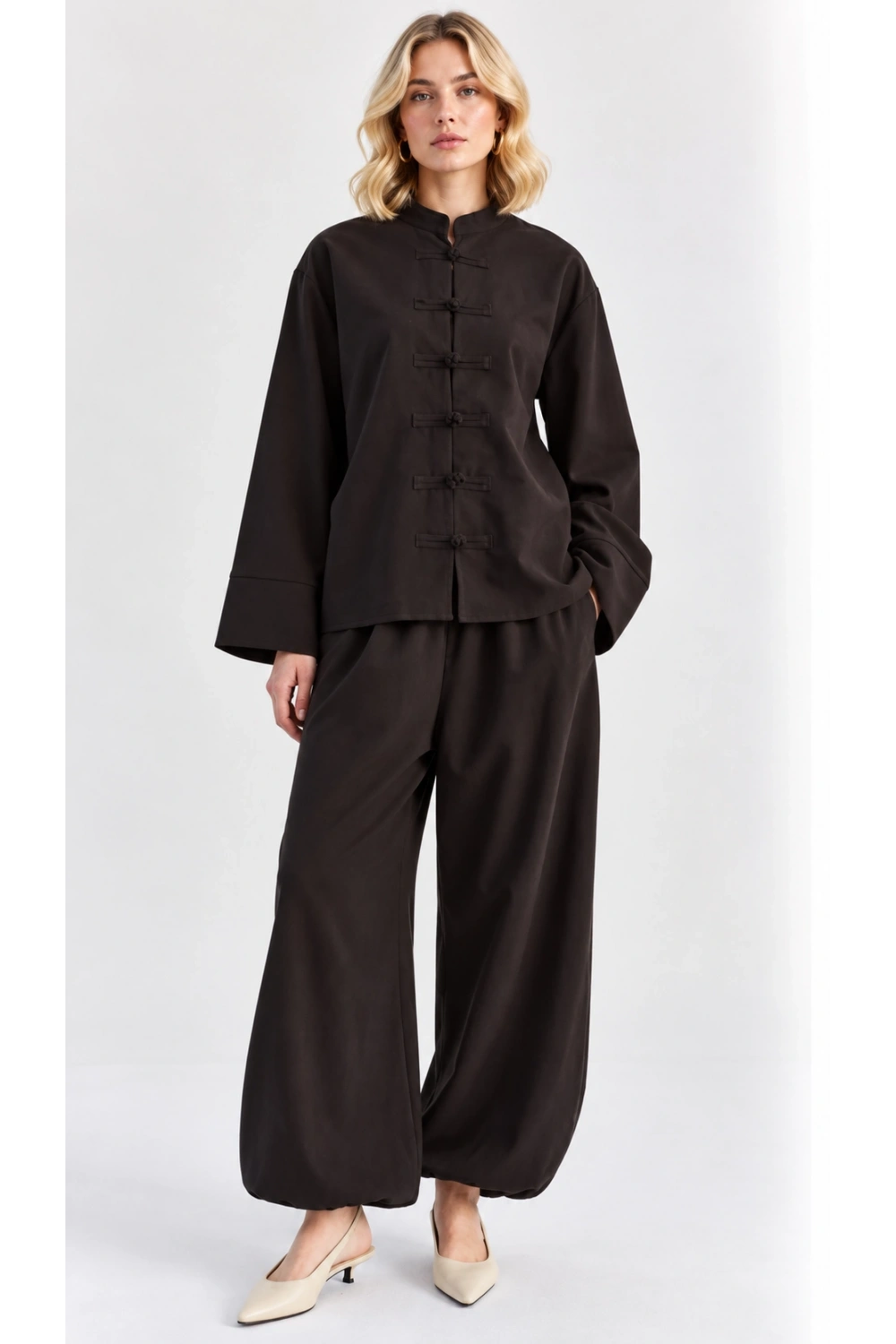 Kadın Çin Düğme Detaylı Oversize Tunik Bluz ve Lastik Paça Takım - Acı Kahve