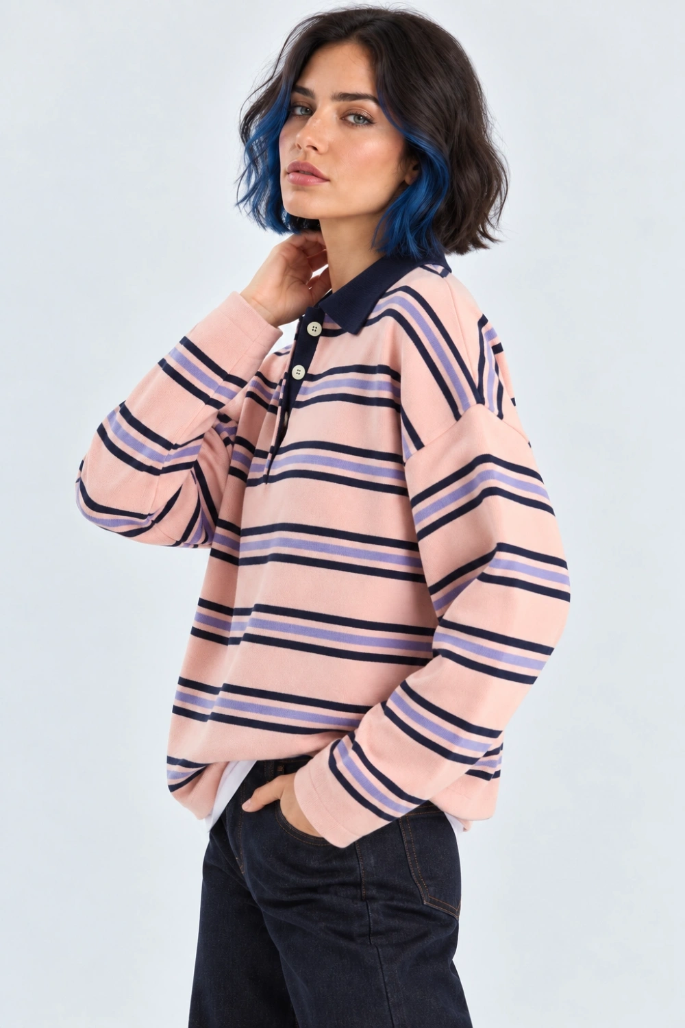 Kadın Çizgili Polo Yaka Basic Triko Kazak - Pembe