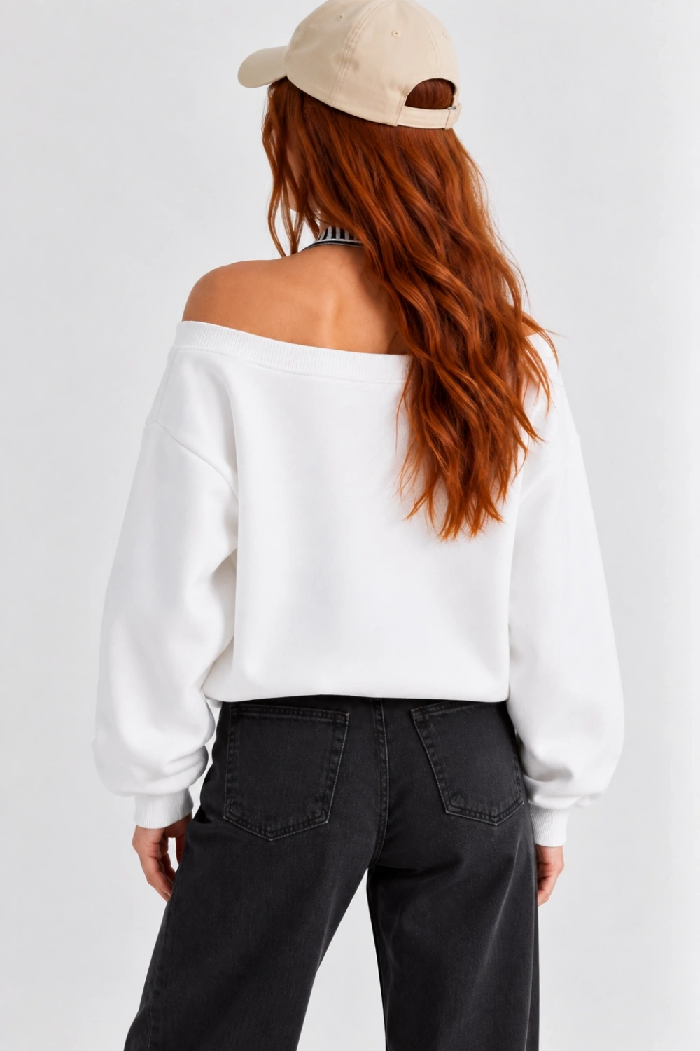 Kadın Lucky 96 Baskılı Kayık Yaka Çift Görünümlü Sweatshirt - Beyaz