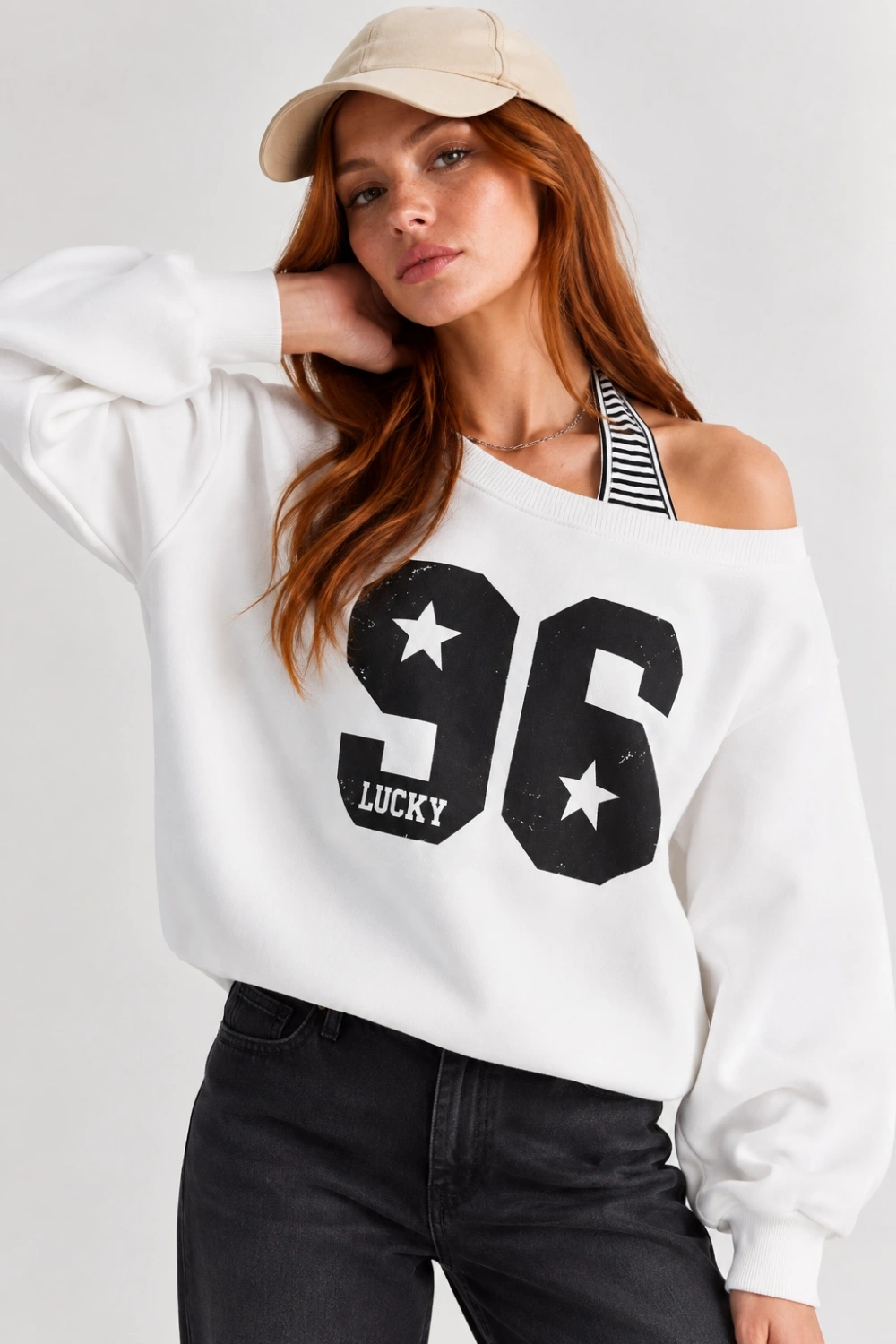 Kadın Lucky 96 Baskılı Kayık Yaka Çift Görünümlü Sweatshirt - Beyaz