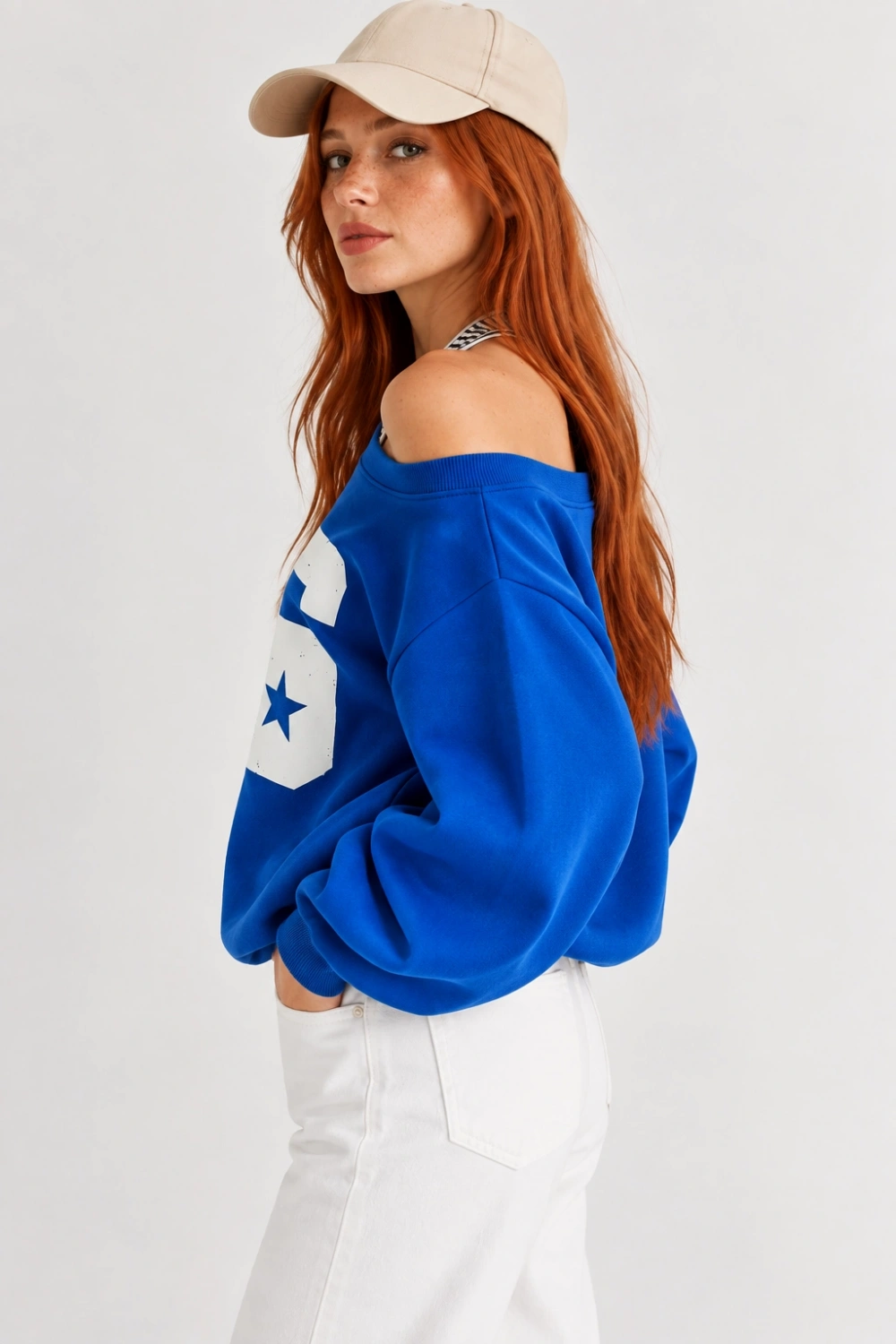 Kadın Lucky 96 Baskılı Kayık Yaka Çift Görünümlü Sweatshirt - Saks