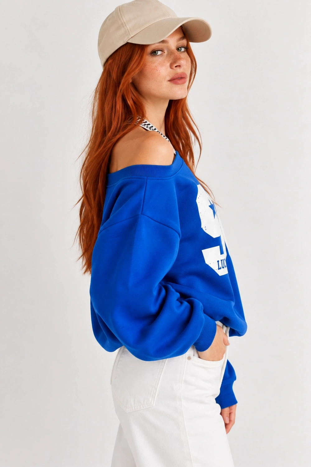 Kadın Lucky 96 Baskılı Kayık Yaka Çift Görünümlü Sweatshirt - Saks