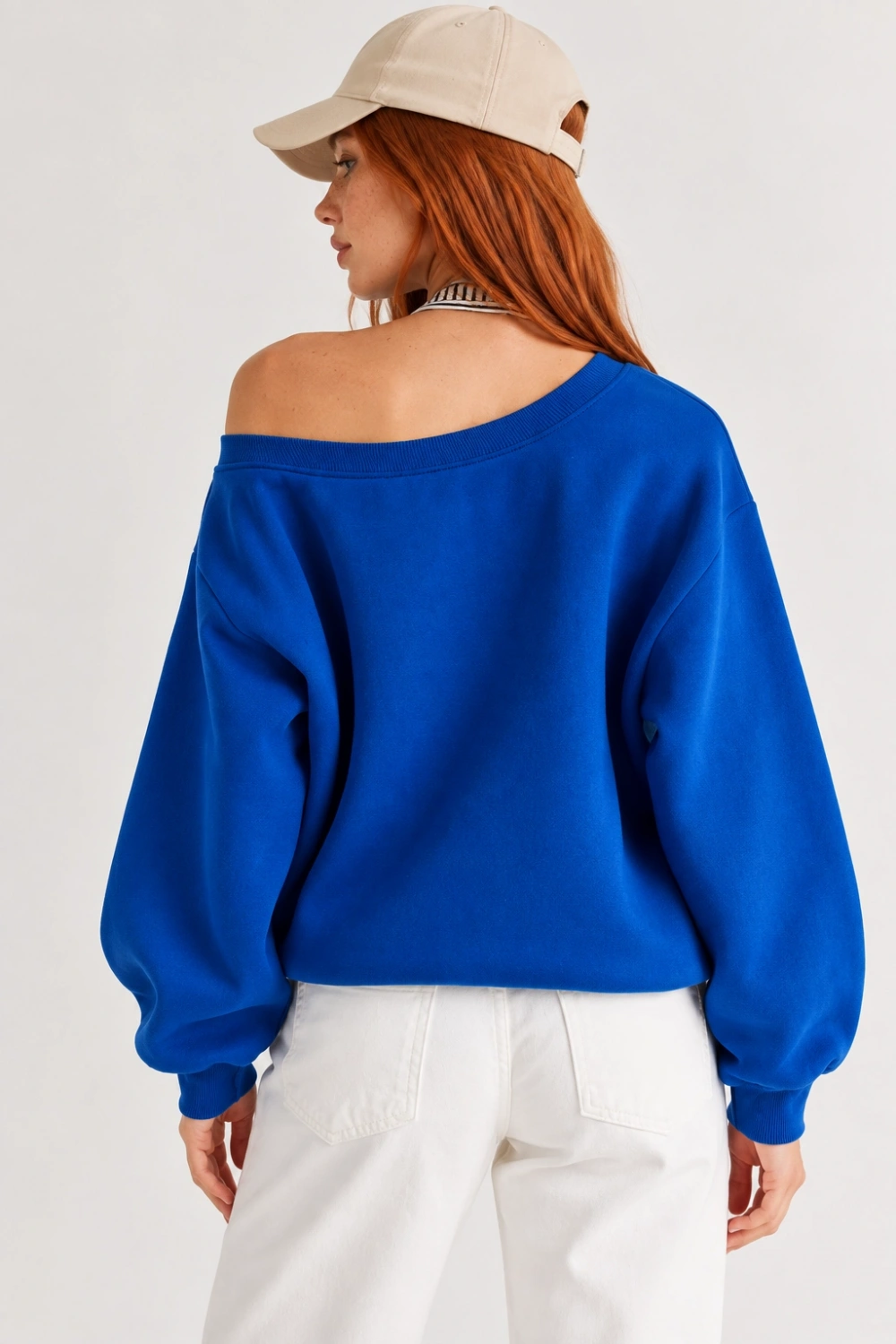 Kadın Lucky 96 Baskılı Kayık Yaka Çift Görünümlü Sweatshirt - Saks