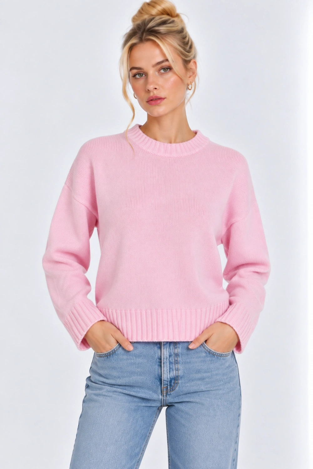 Kadın Oversize Bisiklet Yaka Triko Kazak- Pembe
