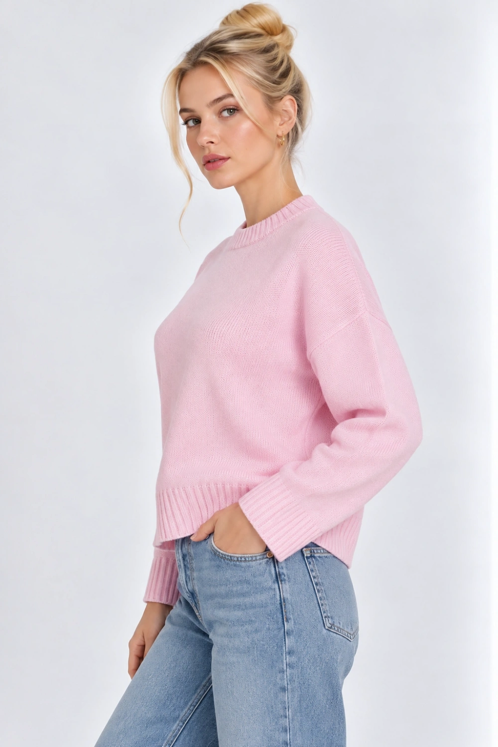 Kadın Oversize Bisiklet Yaka Triko Kazak- Pembe