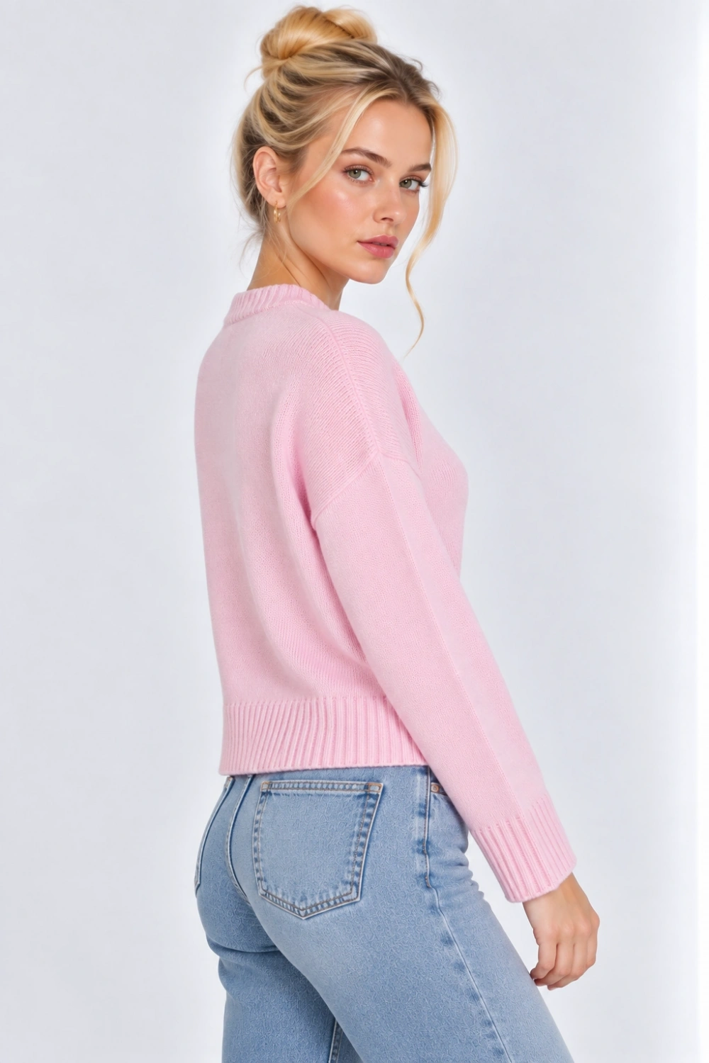 Kadın Oversize Bisiklet Yaka Triko Kazak- Pembe