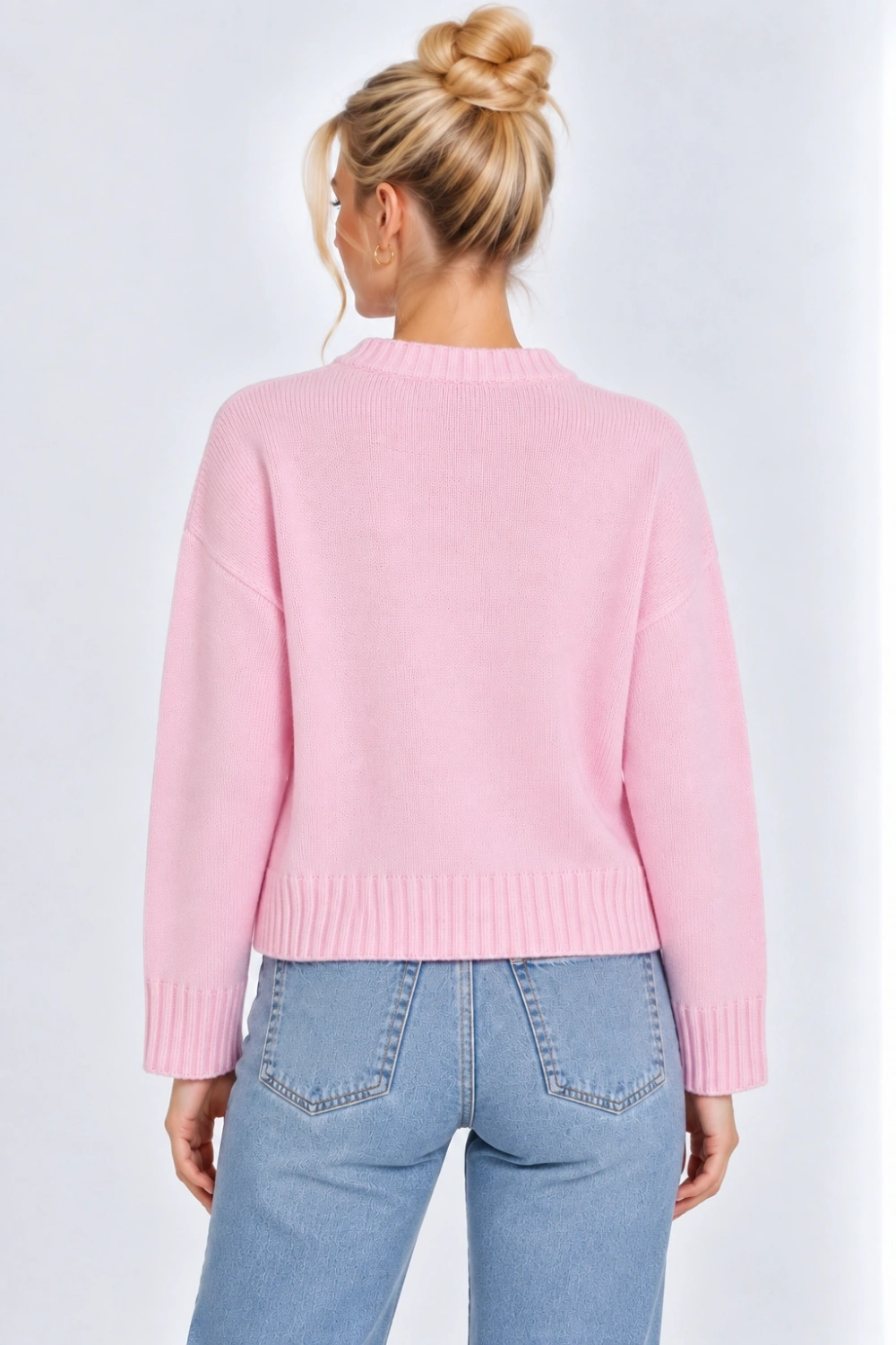 Kadın Oversize Bisiklet Yaka Triko Kazak- Pembe